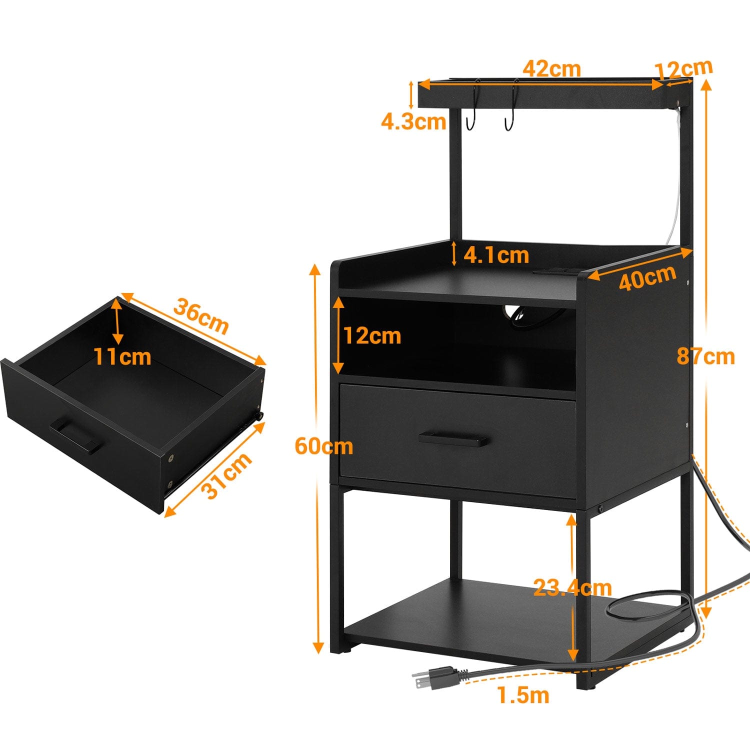 Sikaic Nightstand LED Nightstand with Charging Station & Shelf Black