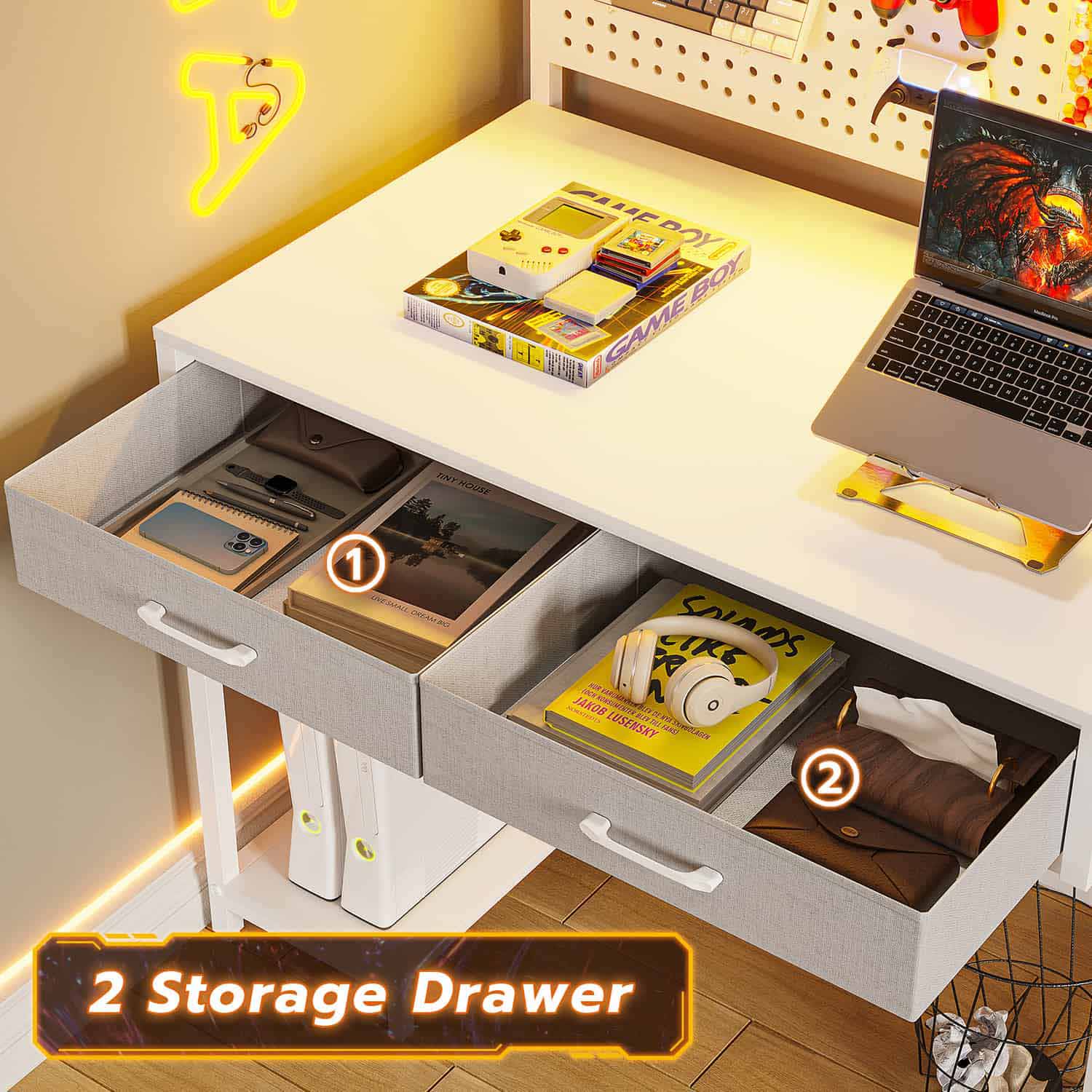 Sikaic Gaming Desk L Shaped Reversible LED Gaming Desk with Hutch Pegboard and Storage Shelves Drawers & Monitor Stand White