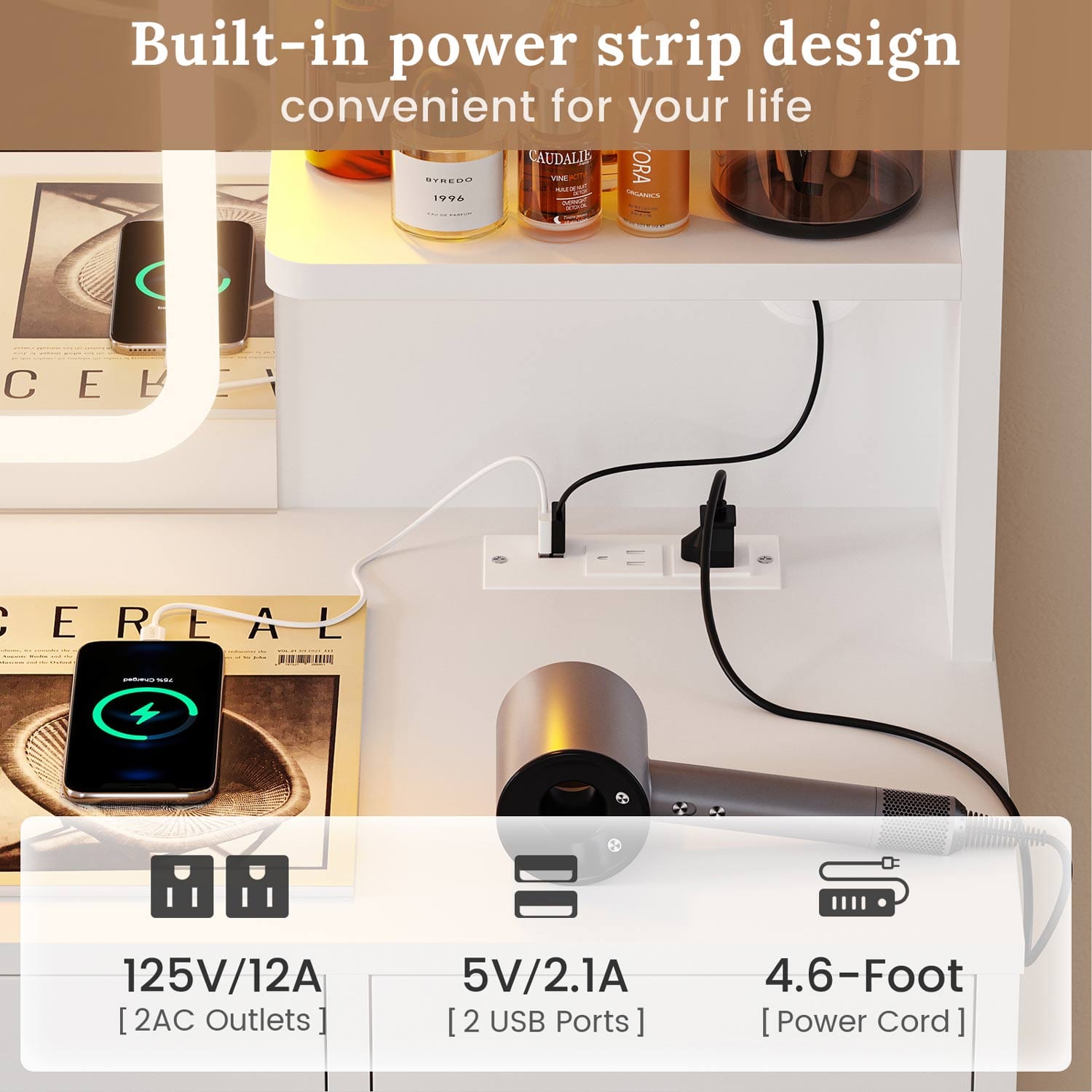 Sikaic Makeup Vanity LED Makeup Vanity With Outlet Smart Mirror Drawers White
