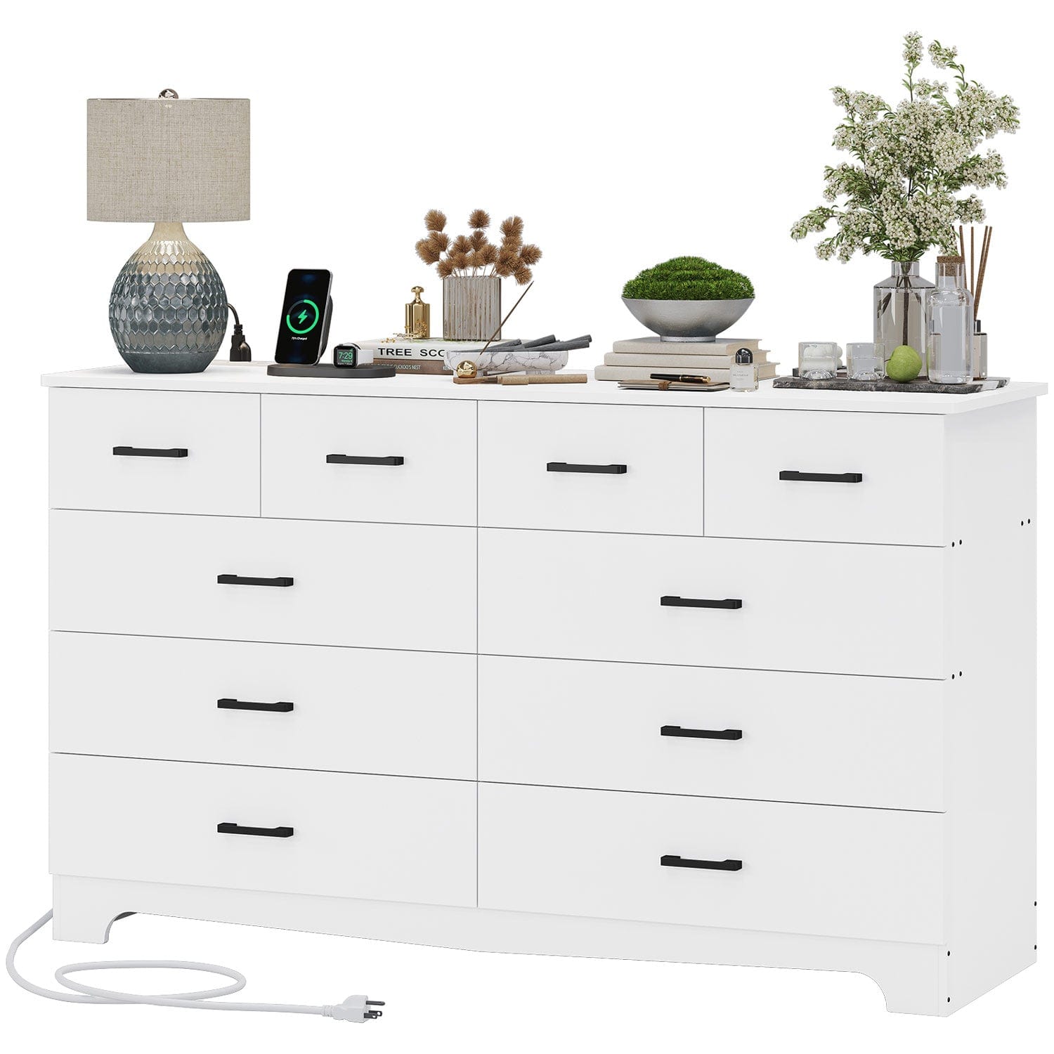 Sikaic Dresser 55.1 Inches 10 Drawers Modern Long Dresser with Power Outlets and Ample Storage Organizer for Bedroom White