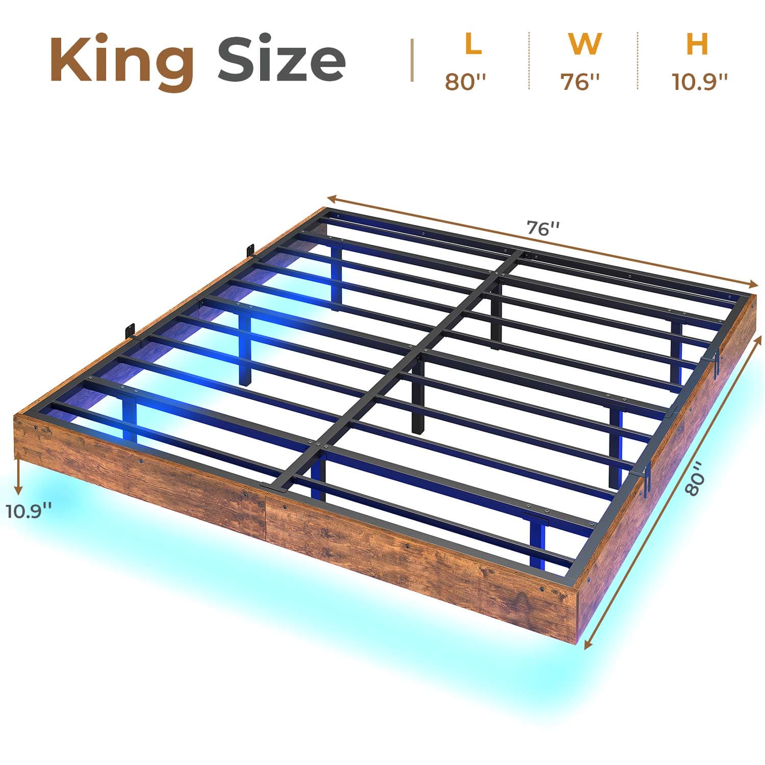Sikaic Bed Frame Floating Industrial Wooden Metal Platform Bed Frame with LED Lights Noise Free No Box Spring Needed Vintage Brown