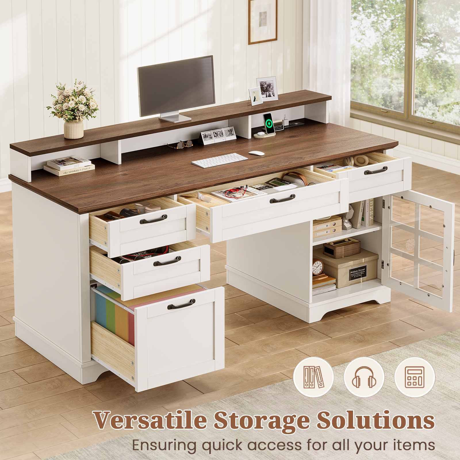 Sikaic Computer Desk 59 Inches Executive Desk with Power Outlet and LED Light White White / Engineered Wood / Farmhouse