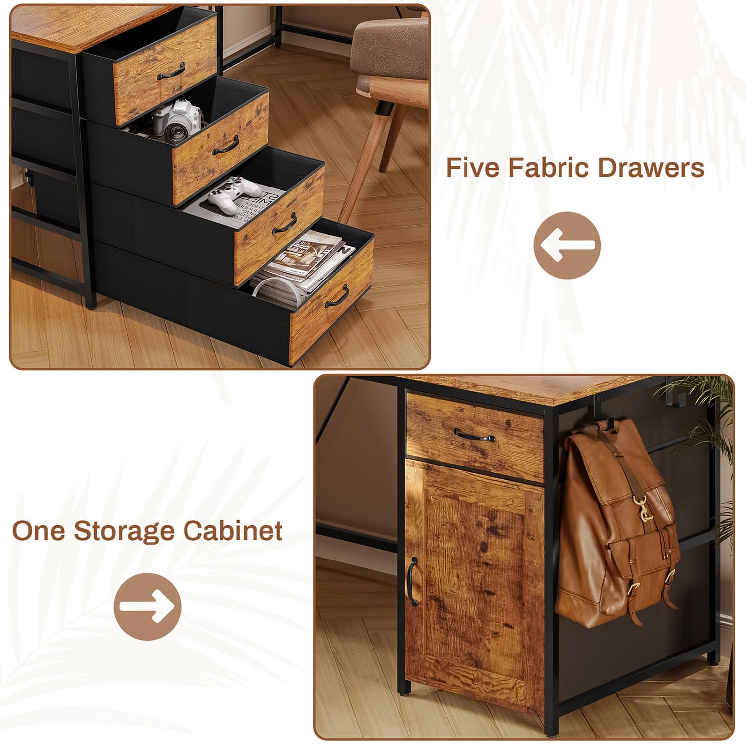 Sikaic Computer Desk 63 Inches L Shaped Corner Computer Desk with 5 Drawer Power Outlet Monitor Shelf Storage Cabinet Brown