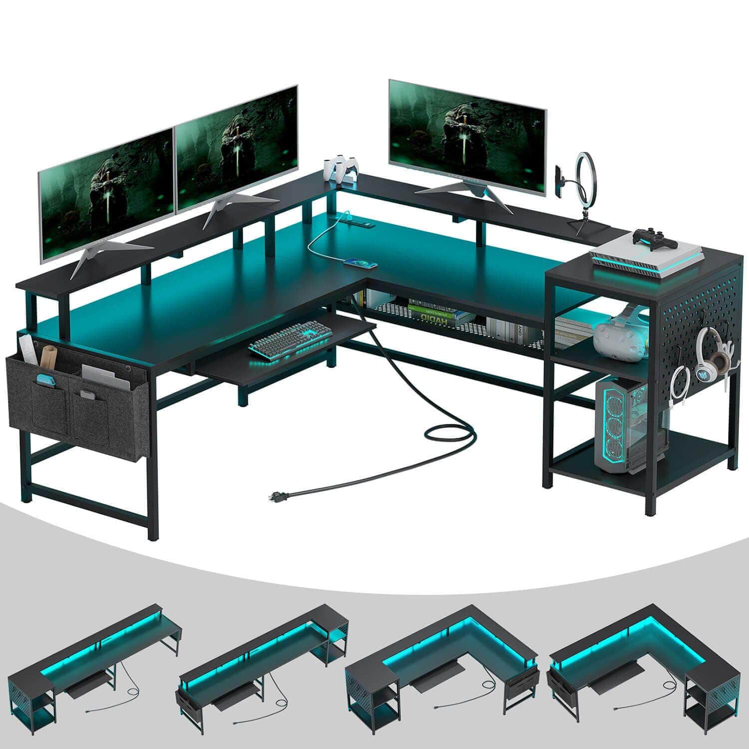 Sikaic Gaming Desk L Shaped Reversible LED Gaming Desk with Power Outlets Strip Monitor Shelf Keyboard Tray Pegboard and Storage Shelves Black