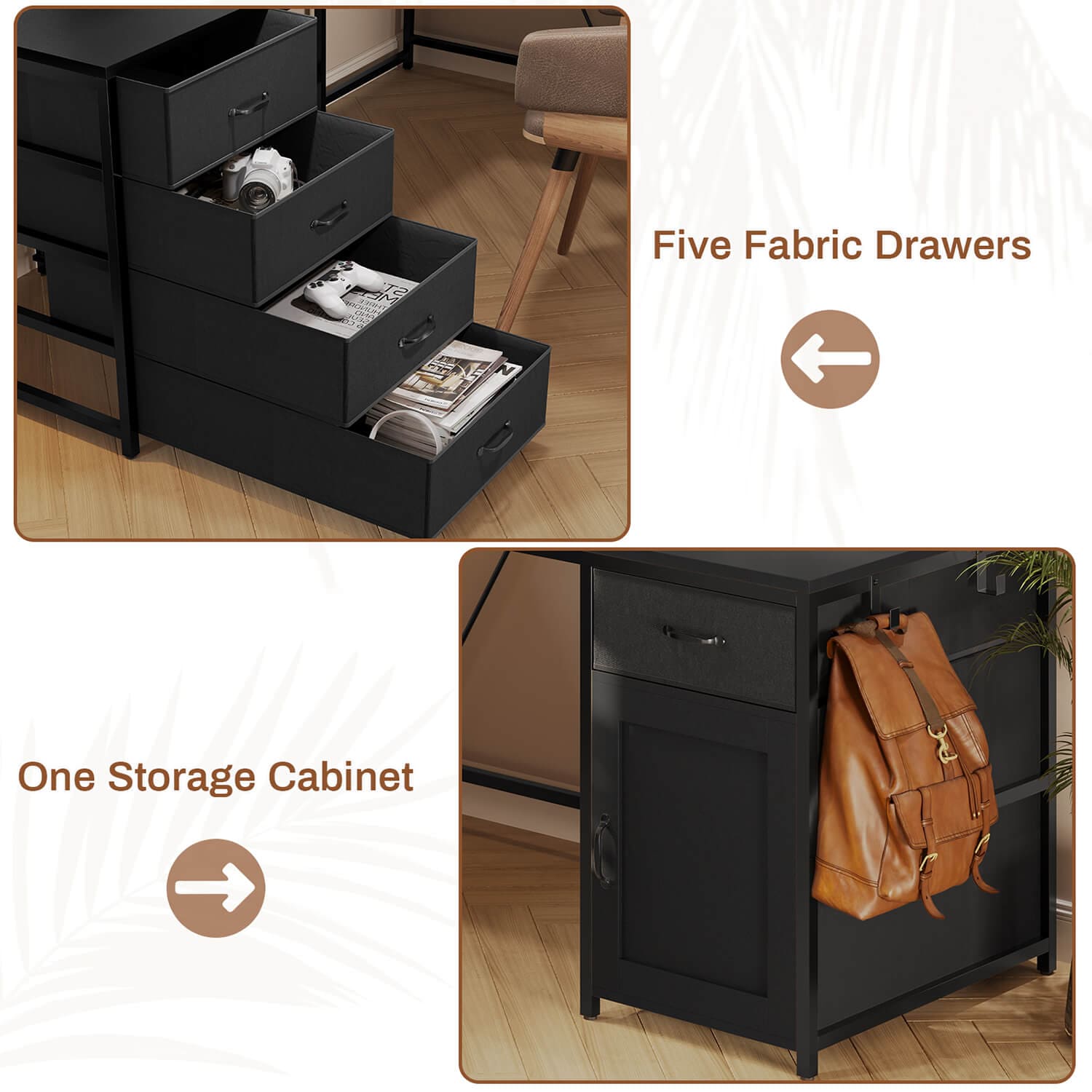Sikaic Computer Desk 63 Inches L Shaped Corner Computer Desk with 5 Drawer Power Outlet Monitor Shelf Storage Cabinet Black