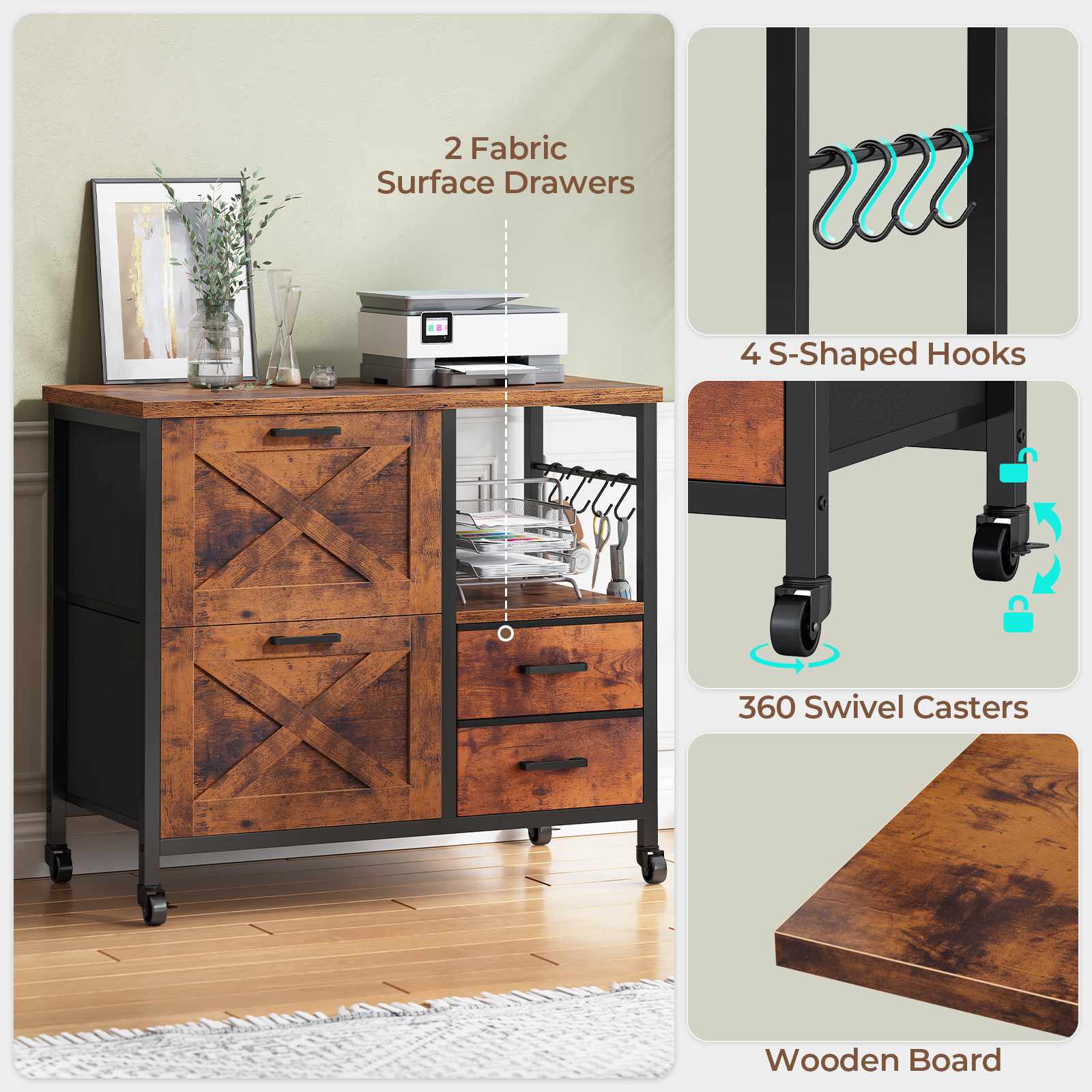 Sikaic File Cabinet File Cabinet with Wheels Brown Brown / Engineered Wood / Modern