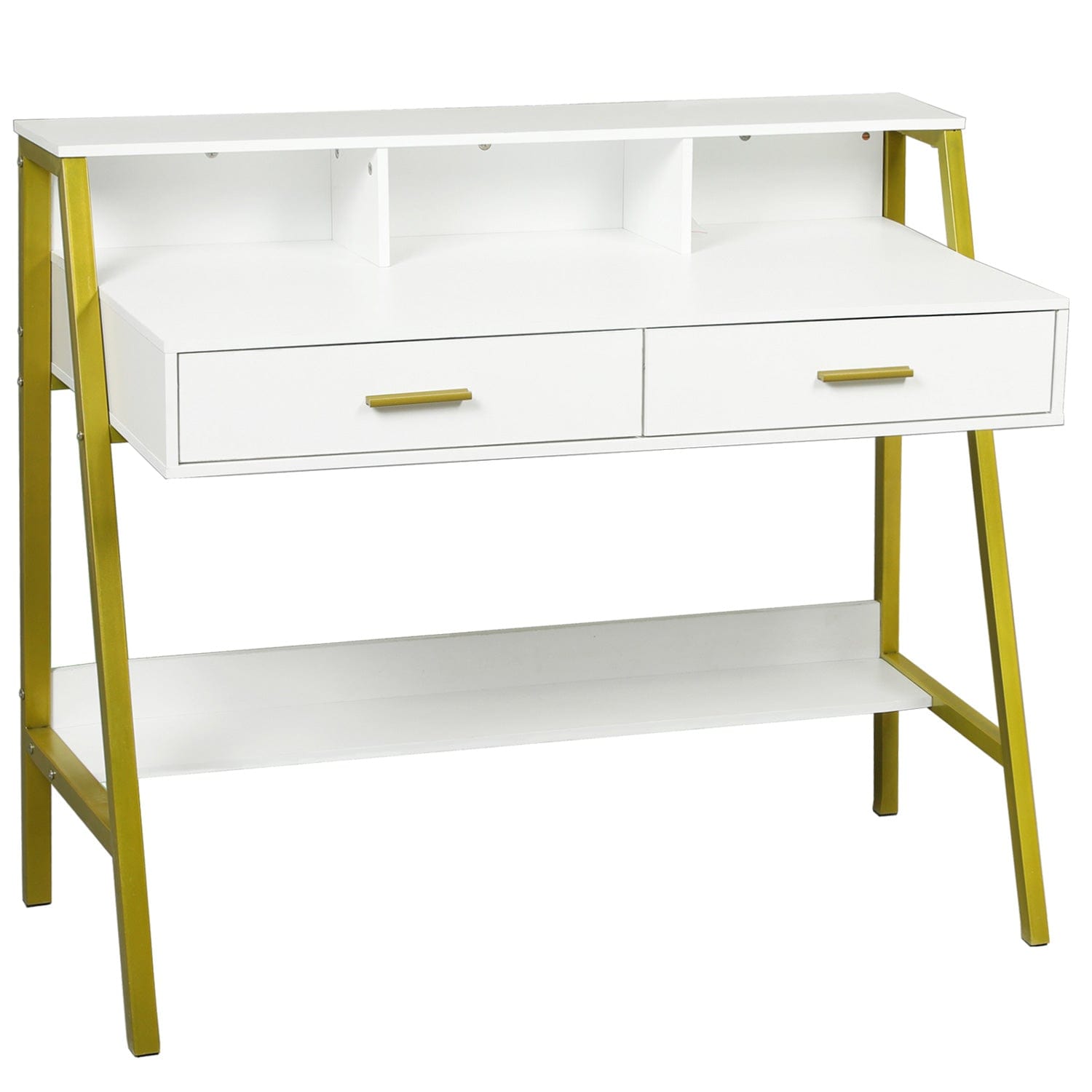 Sikaic Writing Desk Computer Desk with Drawers Monitor Stand Built-in Hutch White Gold