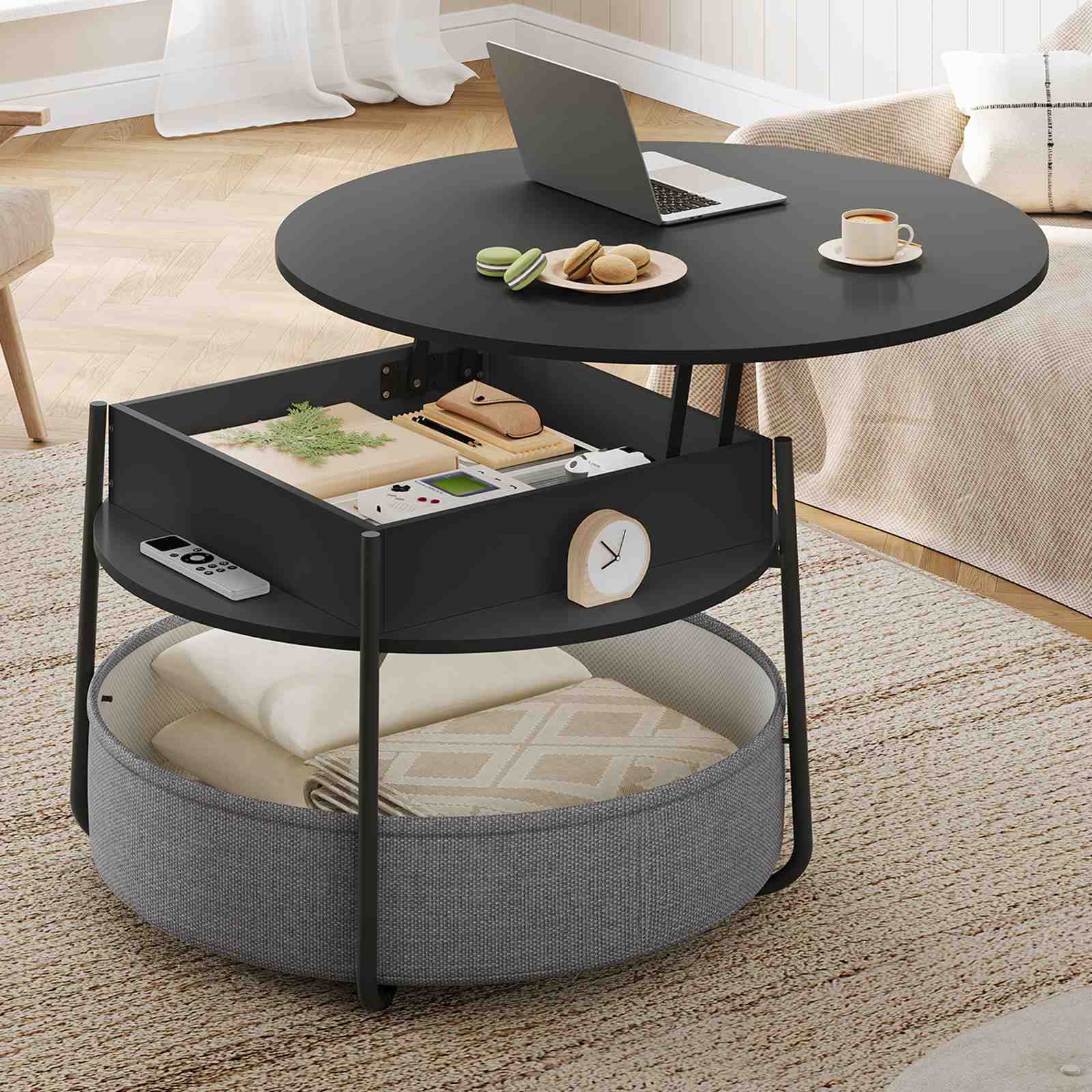 Sikaic Coffee Table Lift Top Round Coffee Table with Fabric Basket Black Black / Engineered Wood / Modern