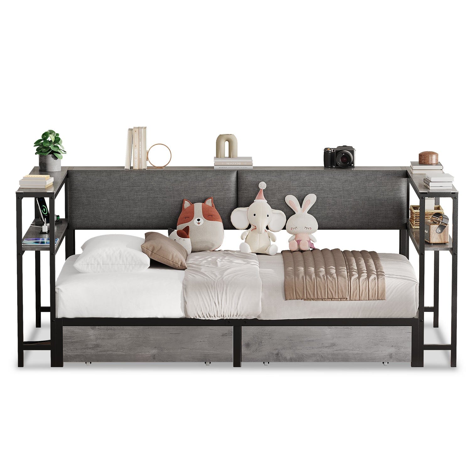 Sikaic Daybeds Twin Size Daybeds with Charging Station and Storage Shelves Grey Grey / Twin / Modern