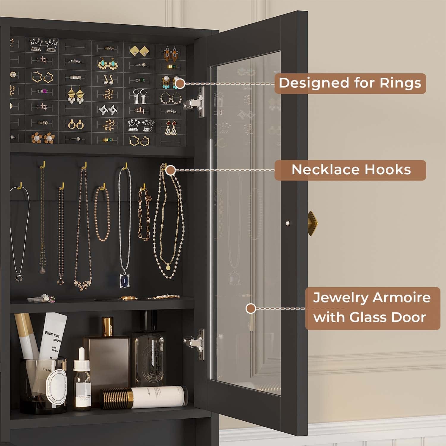 Sikaic Makeup Vanity Makeup Vanity Set with Mirror and Lights Charging Station RGB Jewelry Storage Shelves Black