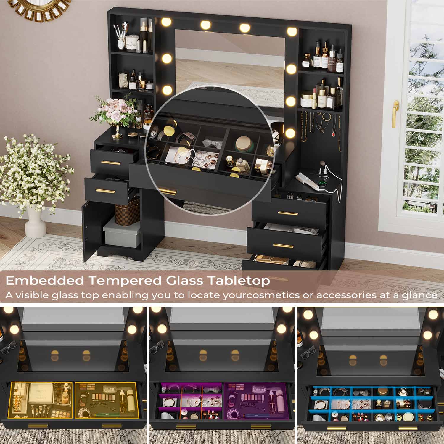 Sikaic Makeup Vanity 48.8 Inches Large Makeup Vanity Desk with Lighted Mirror & Power Outlet Glass Tabletop Bedroom Dressing Table Black