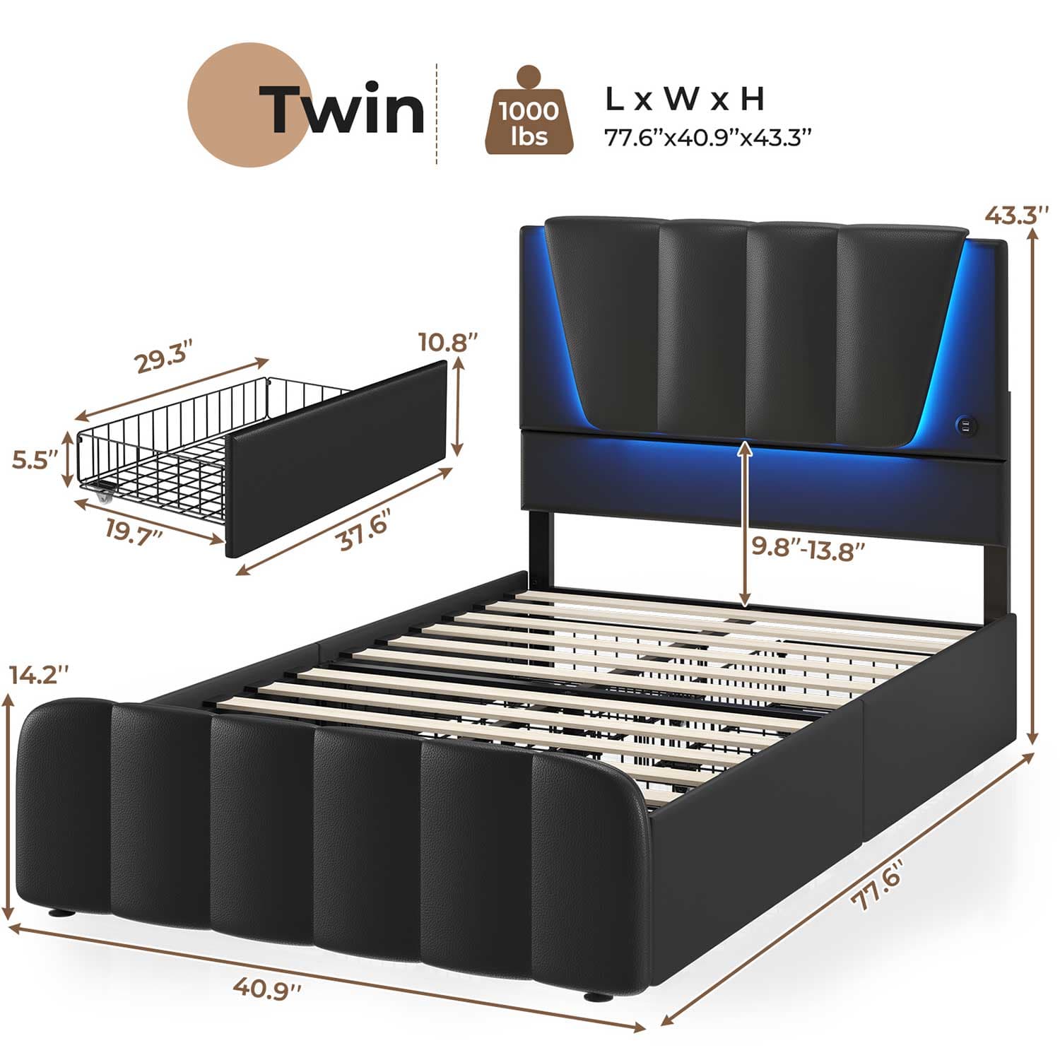Sikaic Bed Frame LED Bed Frame with USB Ports Adjustable Headboard and 4 Storage Drawers Black