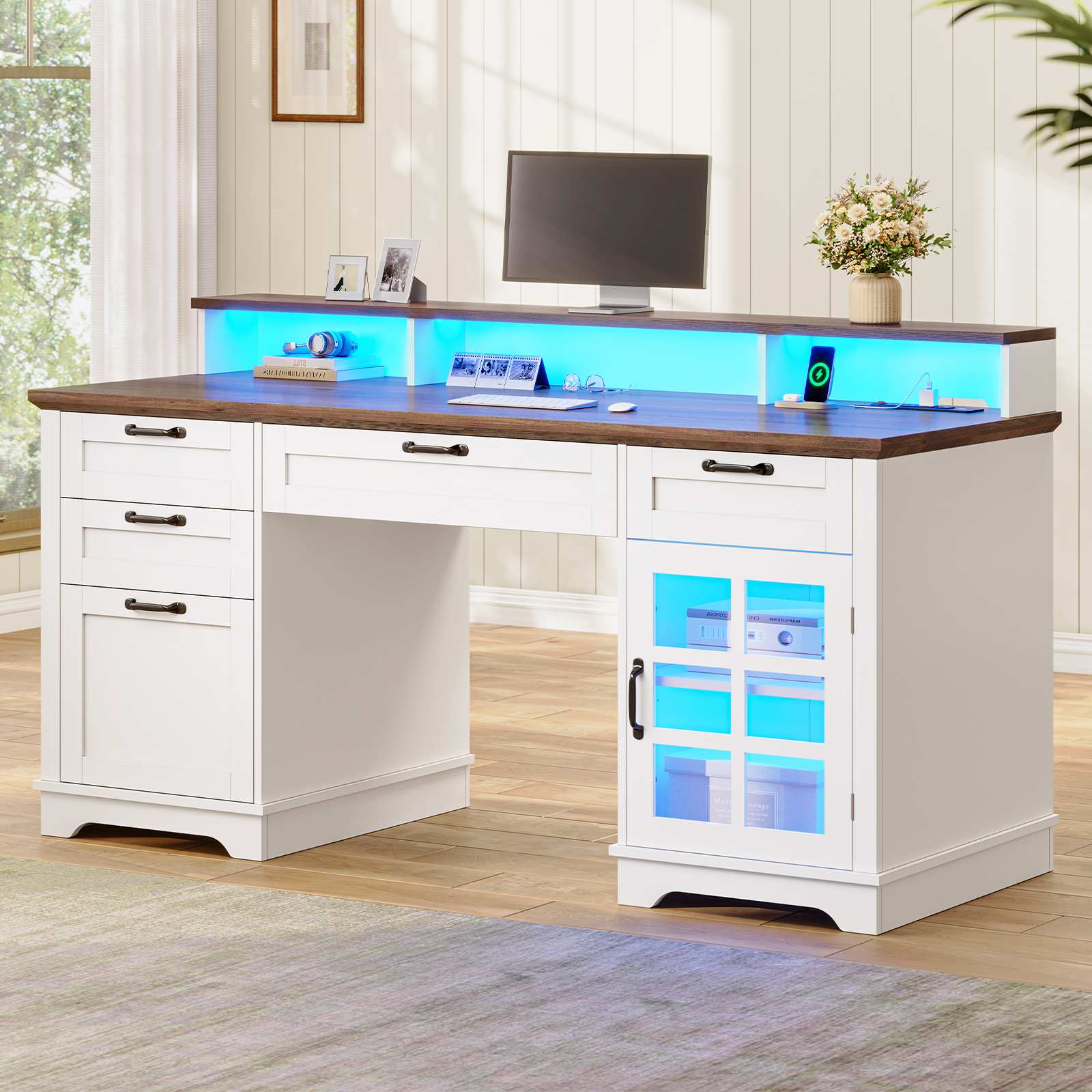 Sikaic Computer Desk 59 Inches Executive Desk with Power Outlet and LED Light White White / Engineered Wood / Farmhouse
