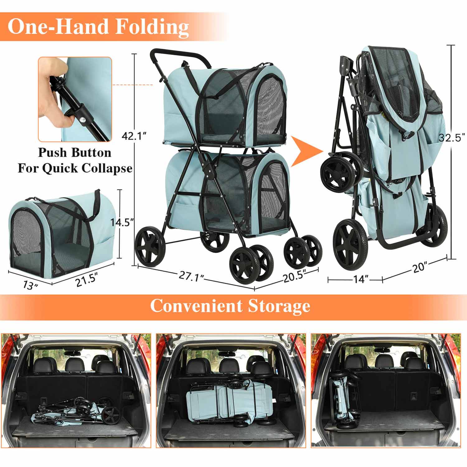 Sikaic Pet Stroller 4-in-1 Pet Strollers for Small Medium Pets 4 Lockable Wheels Light Blue
