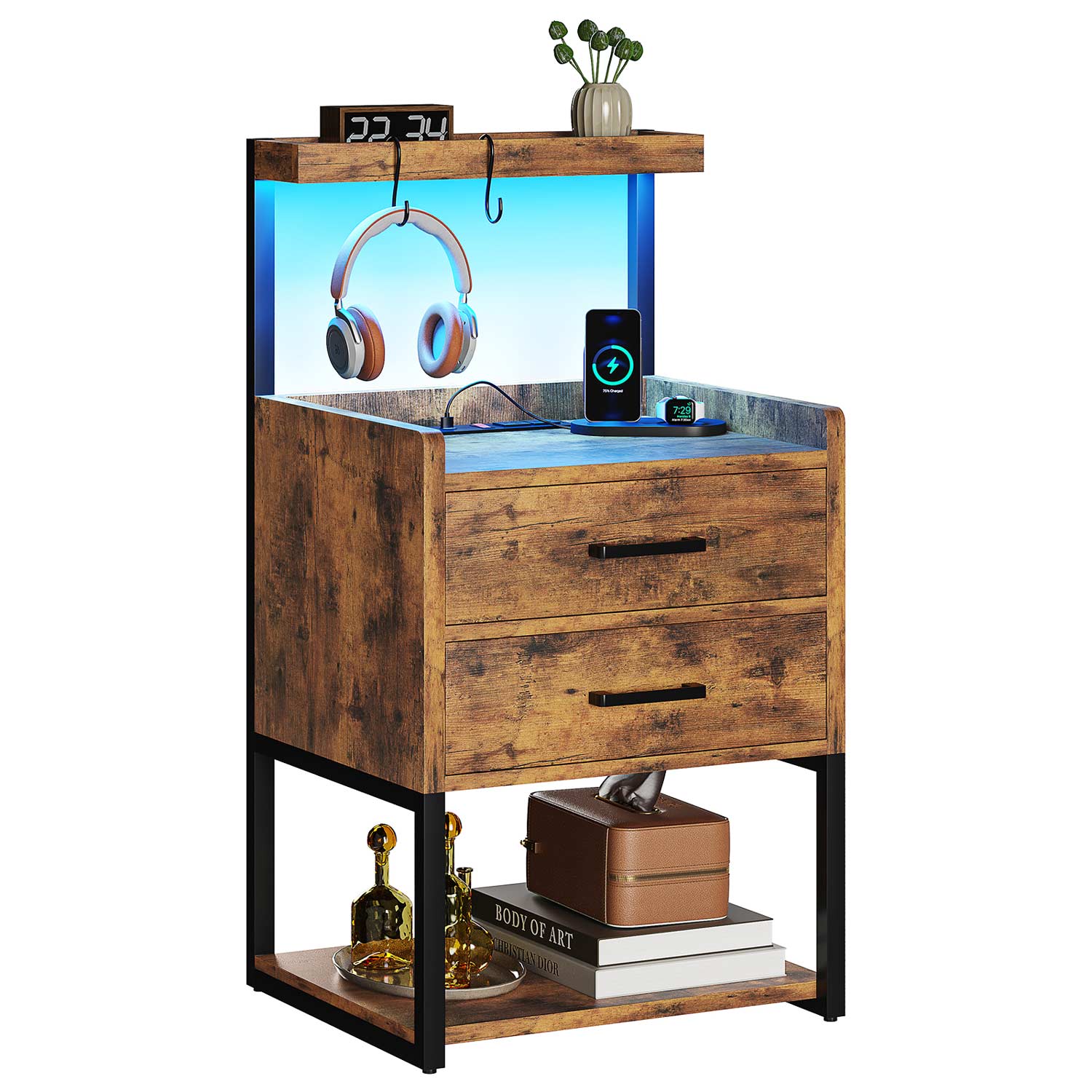 Sikaic Nightstands LED Nightstand with Charging Station Drawers Storage Shelves Brown