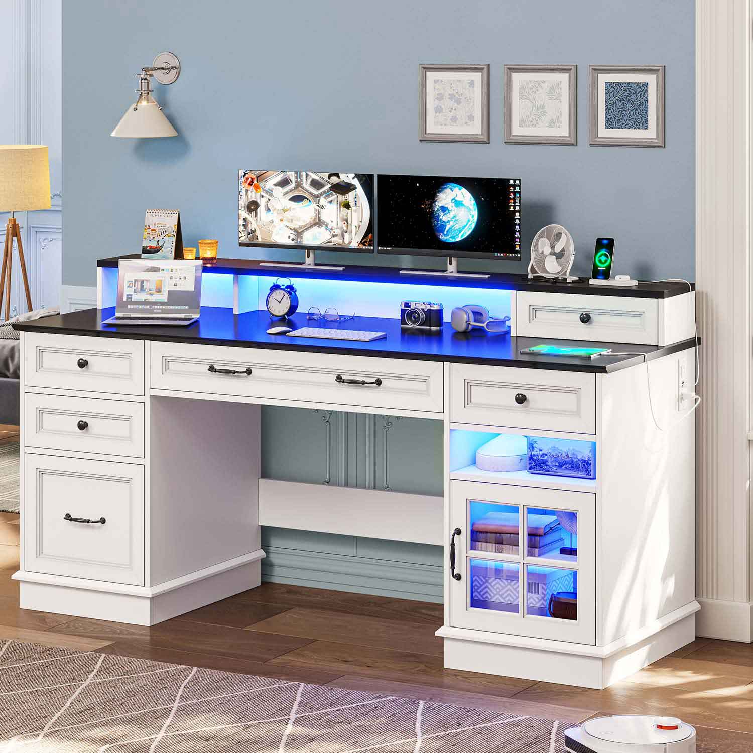 Sikaic Gaming Desk Executive Gaming Desk with LED Lights White White / Engineered Wood / Modern