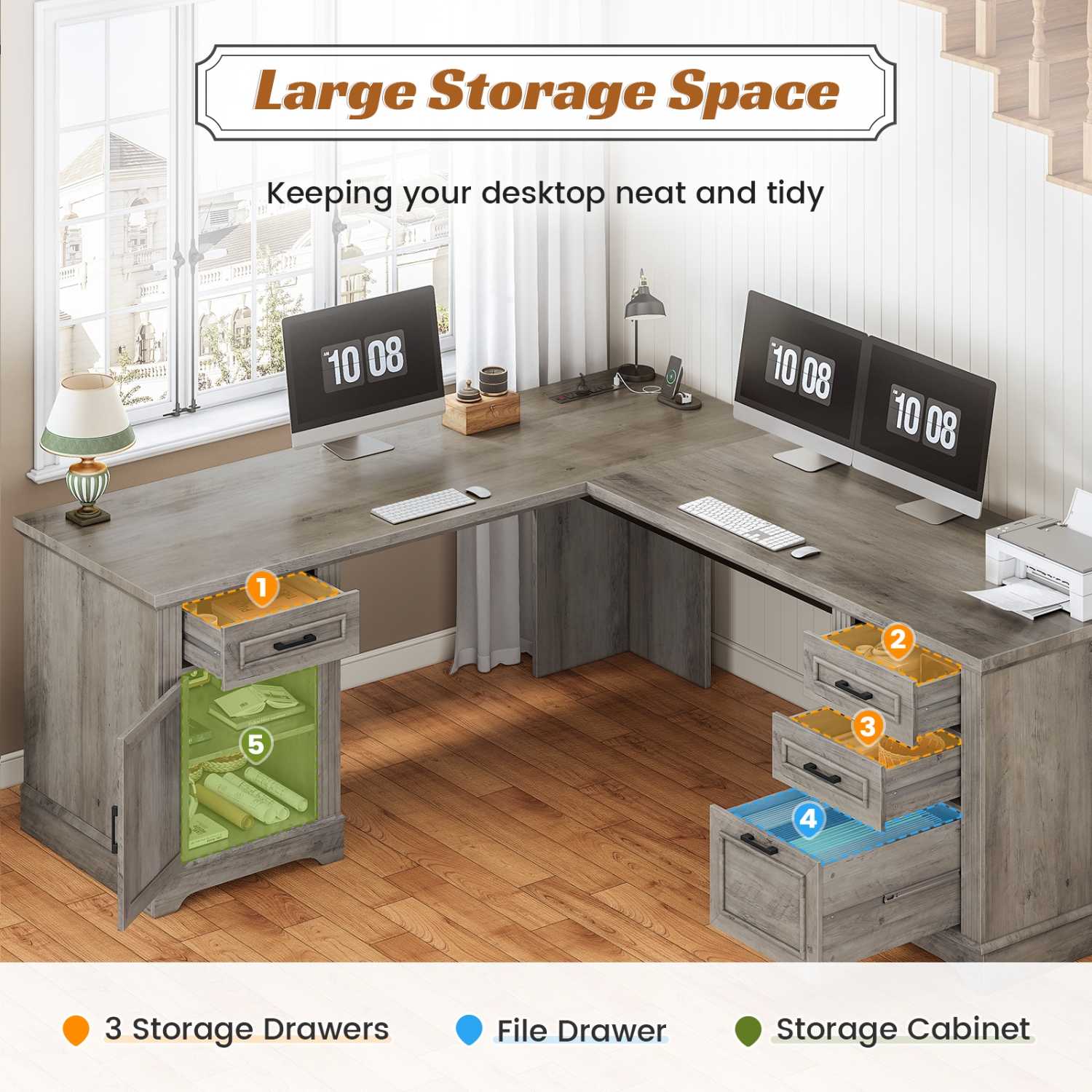 Sikaic Computer Desk 69 Inches L Shaped Computer Desk Grey Grey / Engineered Wood / Modern