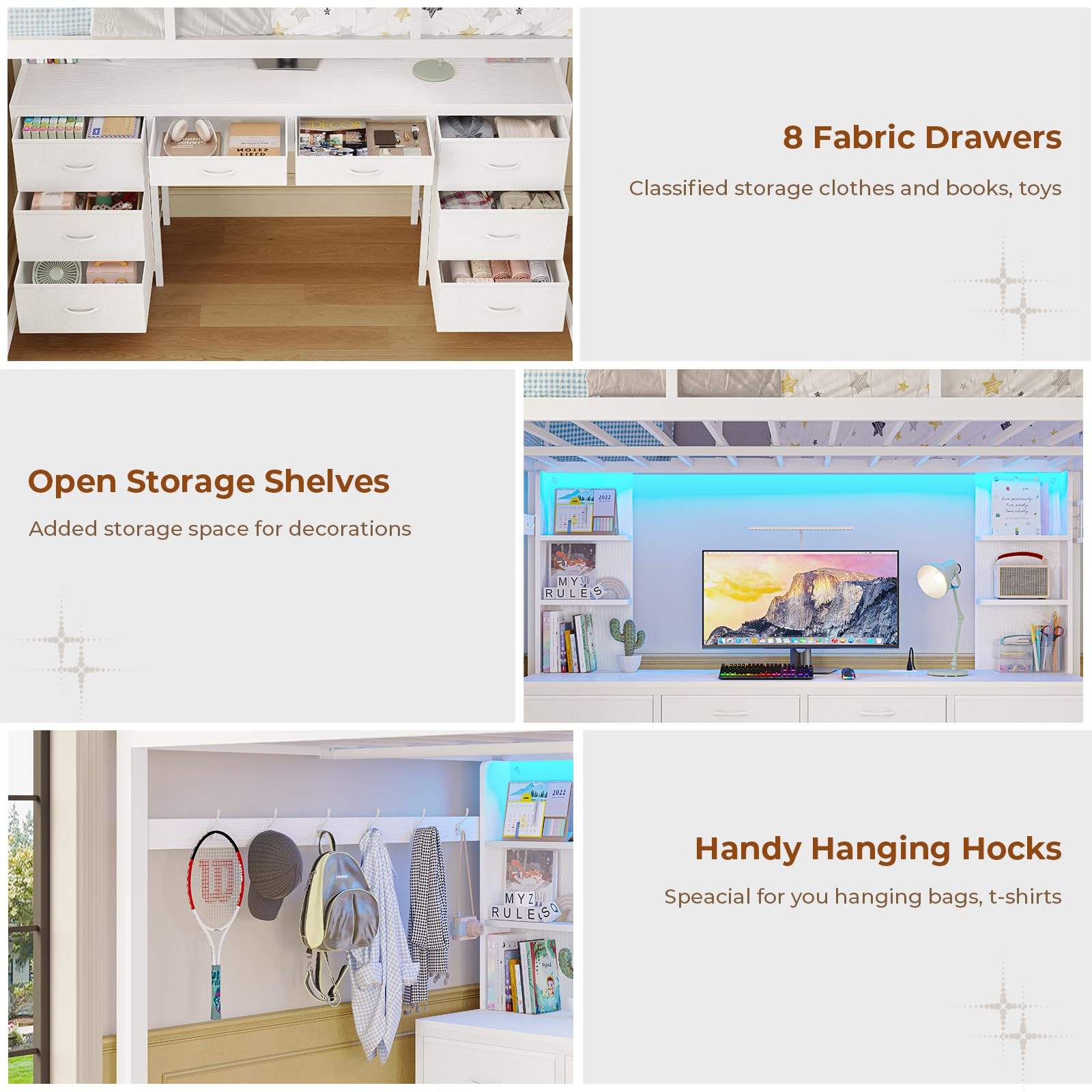 Sikaic Bed Frame Full Metal Loft LED Bed Frame with 8 Storage Drawers & Charging Station and 4 Open Storage Shelves White White / Full Size / Steel