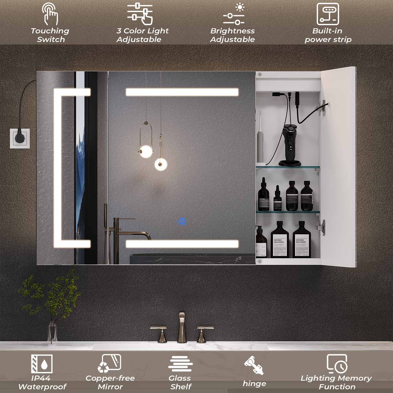 Sikaic Medicine Cabinets 3 Doors Wall Mounted Vanity Medicine Cabinet Mirror with Storage Shelves and 2 Outlets White