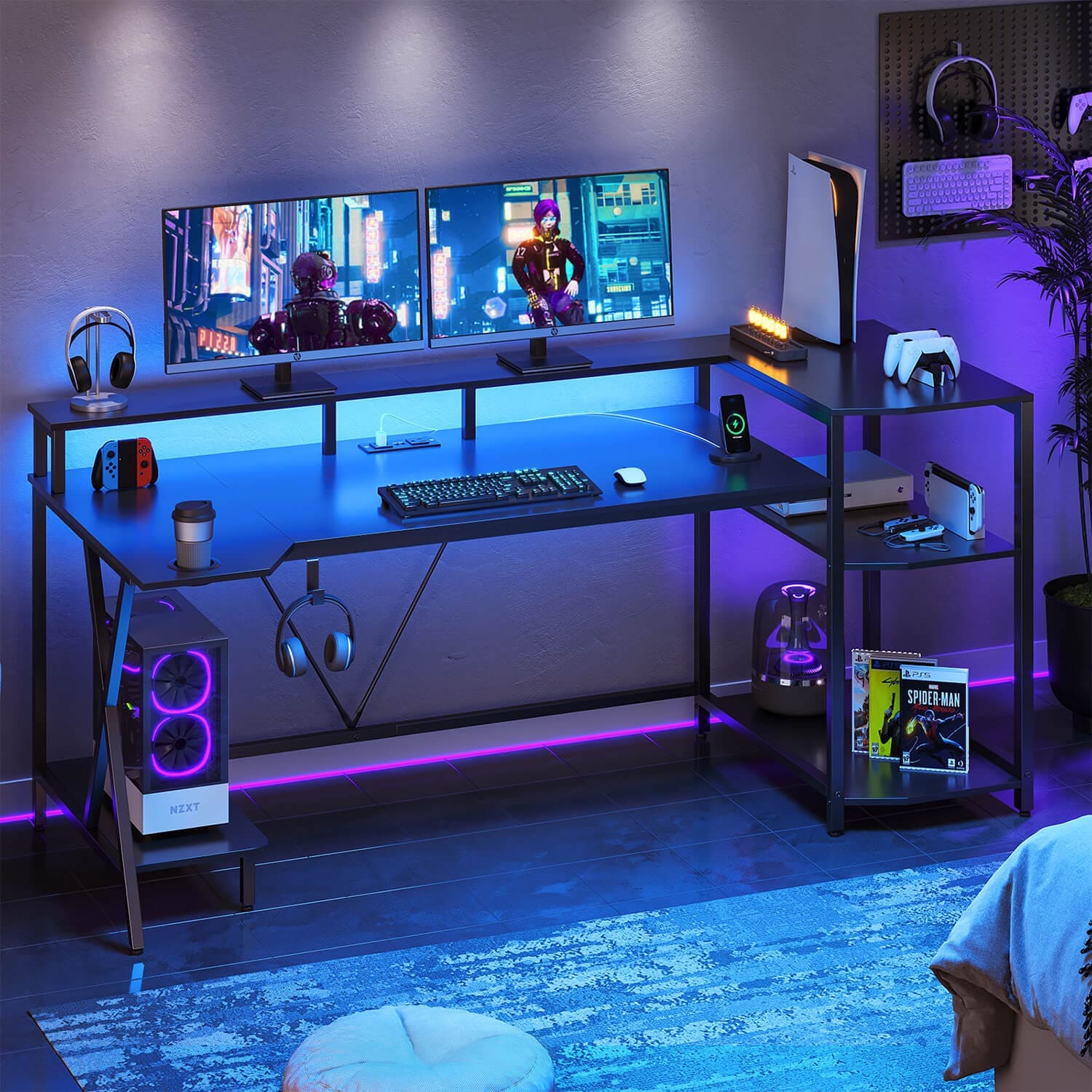 Sikaic 70.8'' Large PC Gamer Gaming Desk with LED Lights Storage Shelves Monitor Stand Power Outlets and Cup Holder Black