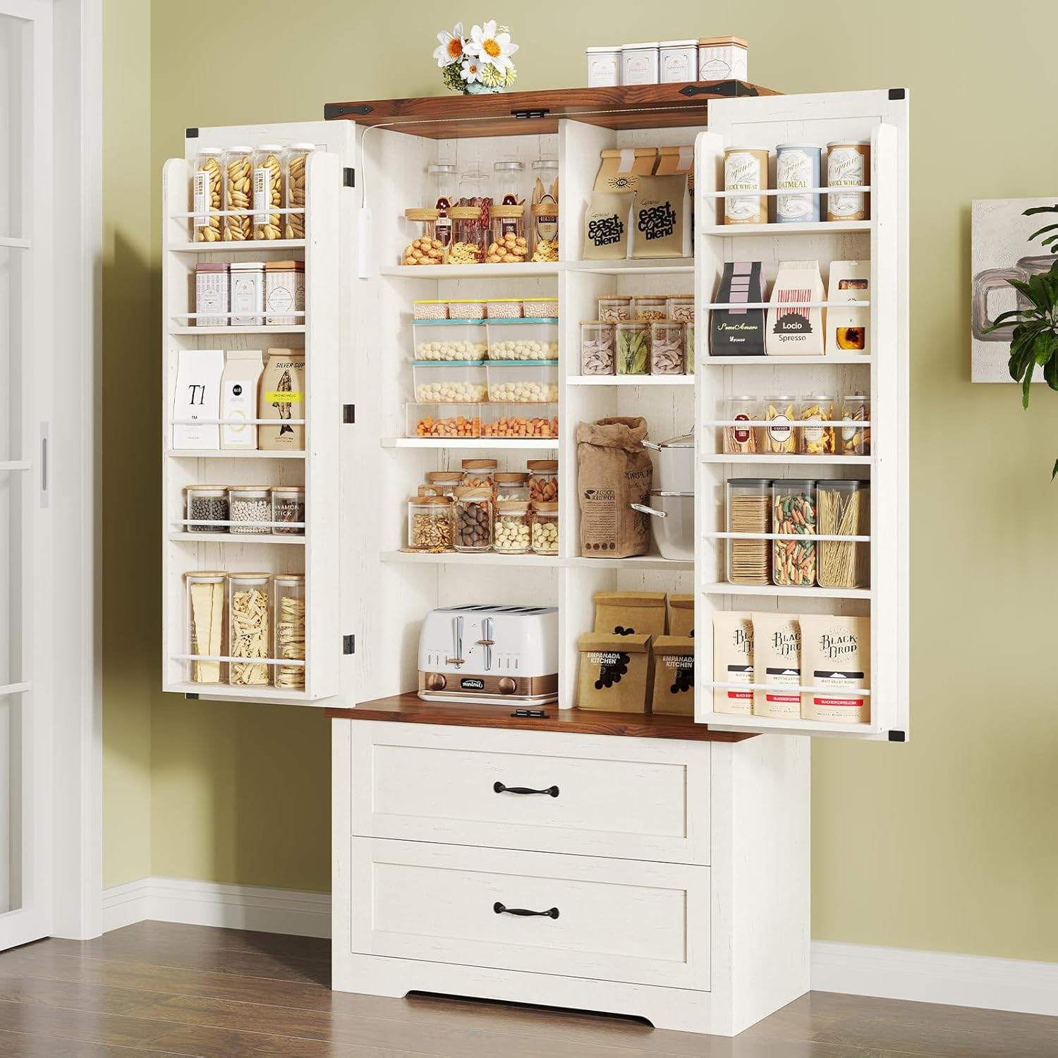 Sikaic Pantry Cabinet 71 Inches Kitchen Pantry Cabinet with Drawer Old White Brown White / Engineered Wood / Modern