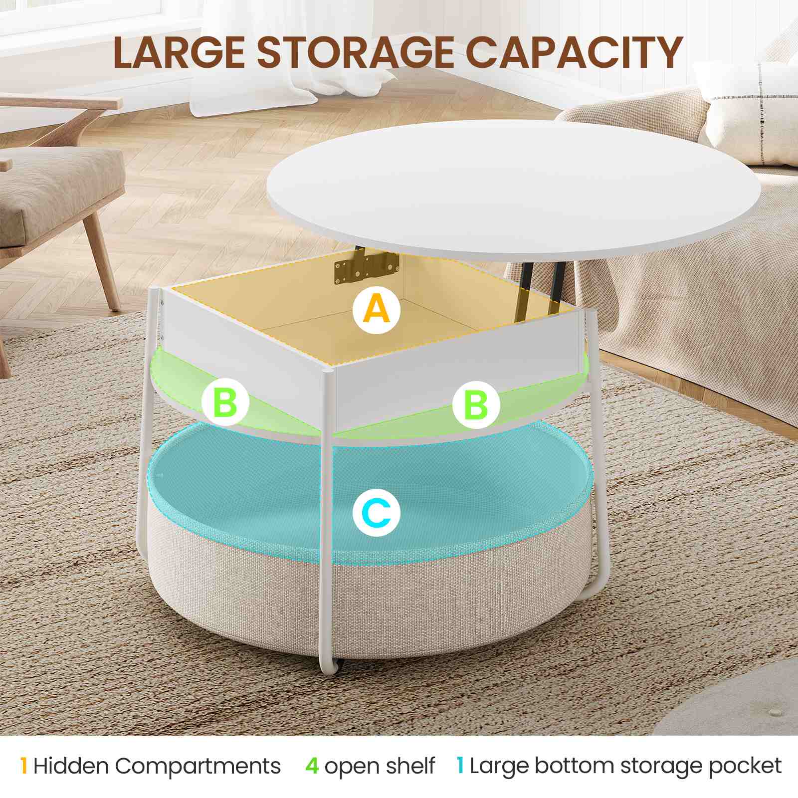 Sikaic Coffee Table Lift Top Round Coffee Table with Fabric Basket White White / Engineered Wood / Modern
