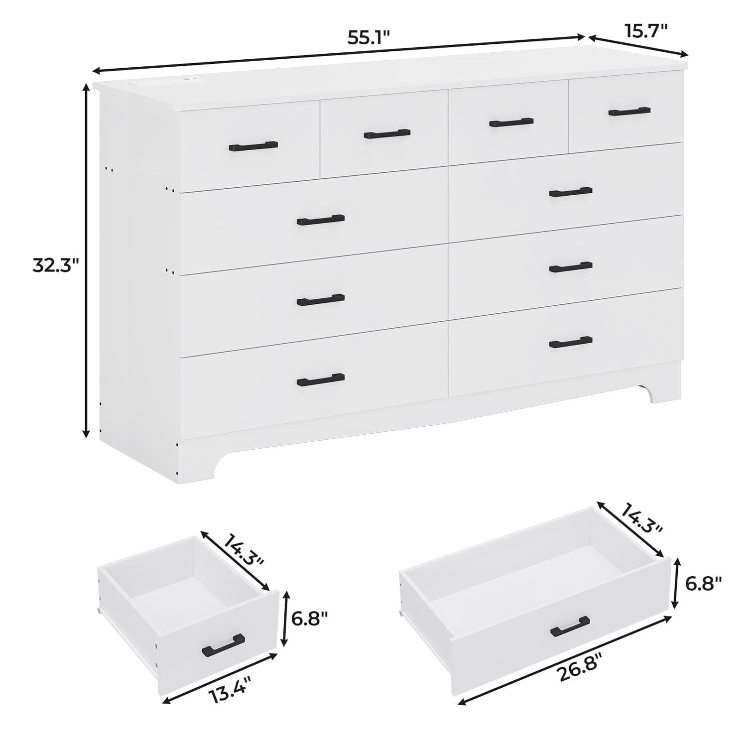 Sikaic Dresser 55.1 Inches 10 Drawers Modern Long Dresser with Power Outlets and Ample Storage Organizer for Bedroom White