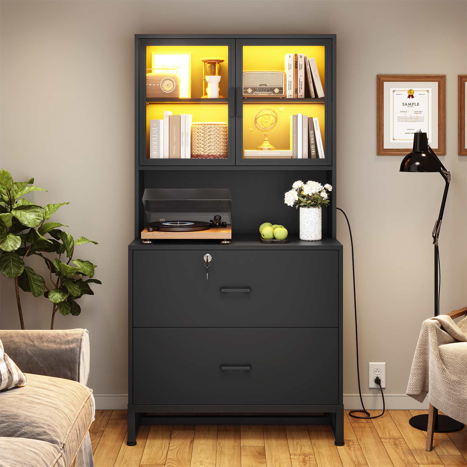Sikaic File Cabinet File Cabinet with Bookshelf Black Black / Engineered Wood / Modern