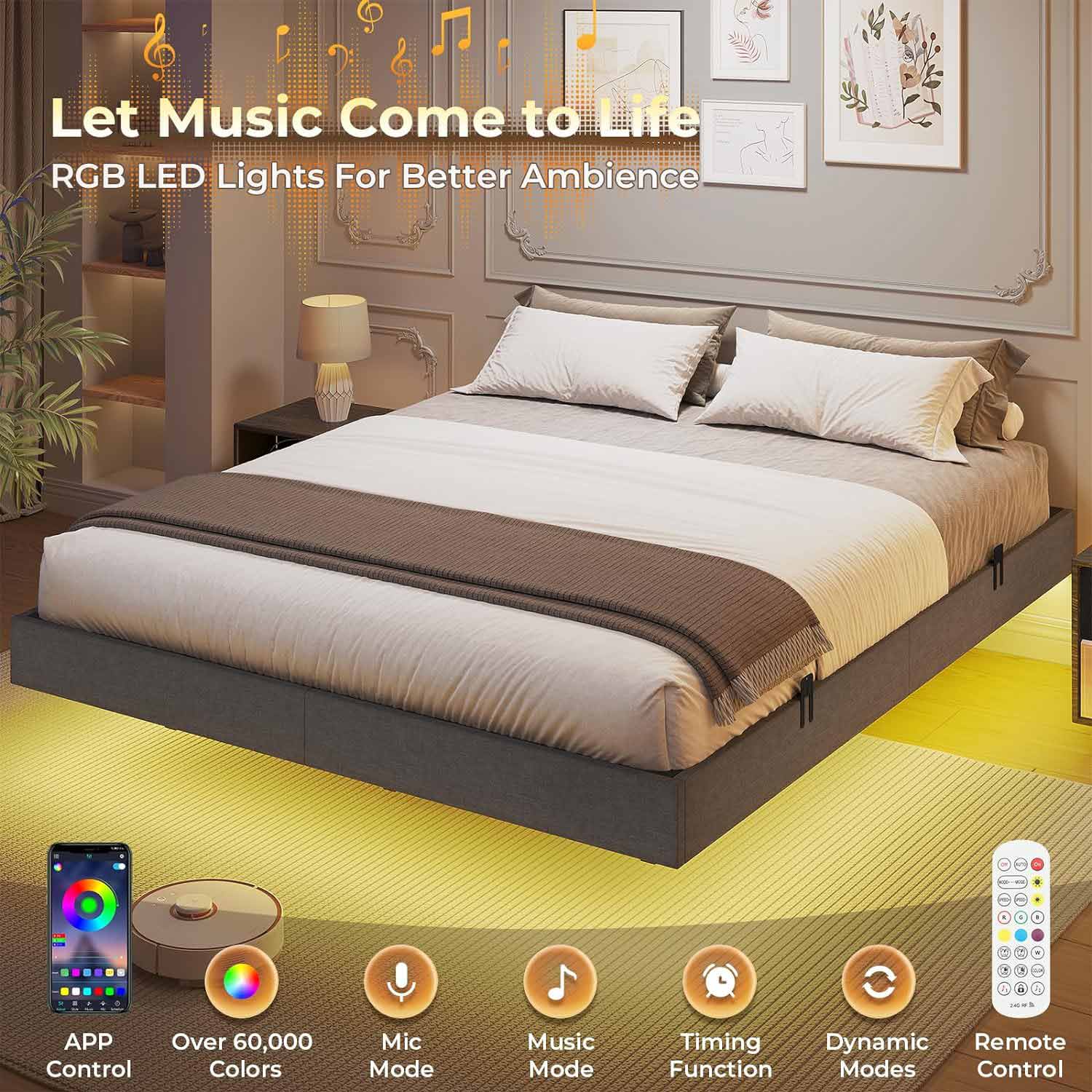 Sikaic Bed Frame Floating Bed Frame Linen Upholstered Platform with LED Lights Underbed Storage Space No Box Spring Needed Dark Grey