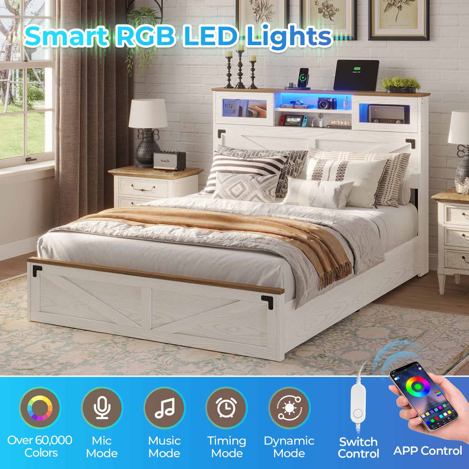 Sikaic Bed Frame Farmhouse Wooden Platform LED Lights Bed Frame with Bookcase Sliding Door Headboard Charging Station and 2 Drawers White
