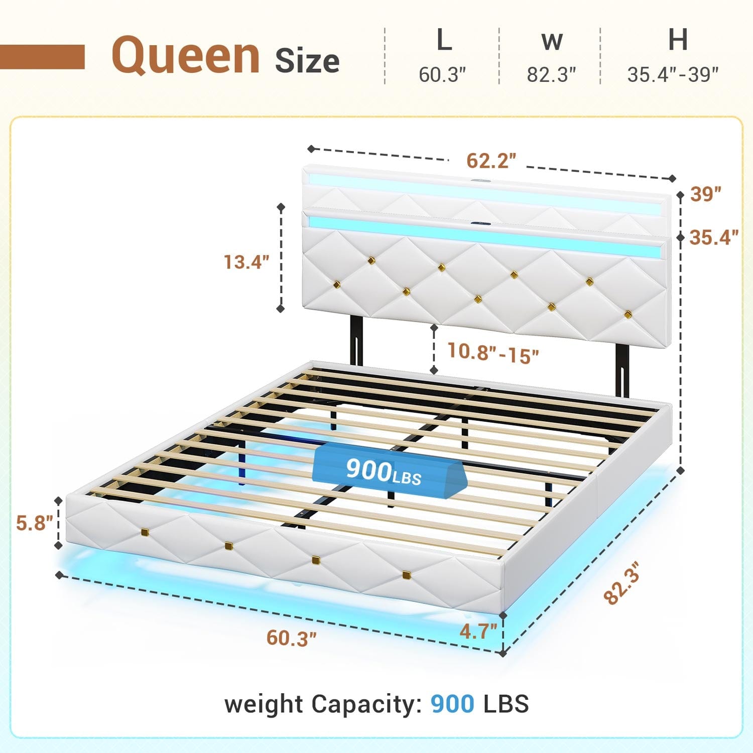 Sikaic Bed Frame Floating LED Bed Frame with Outlets Leather Upholstered Headboard White