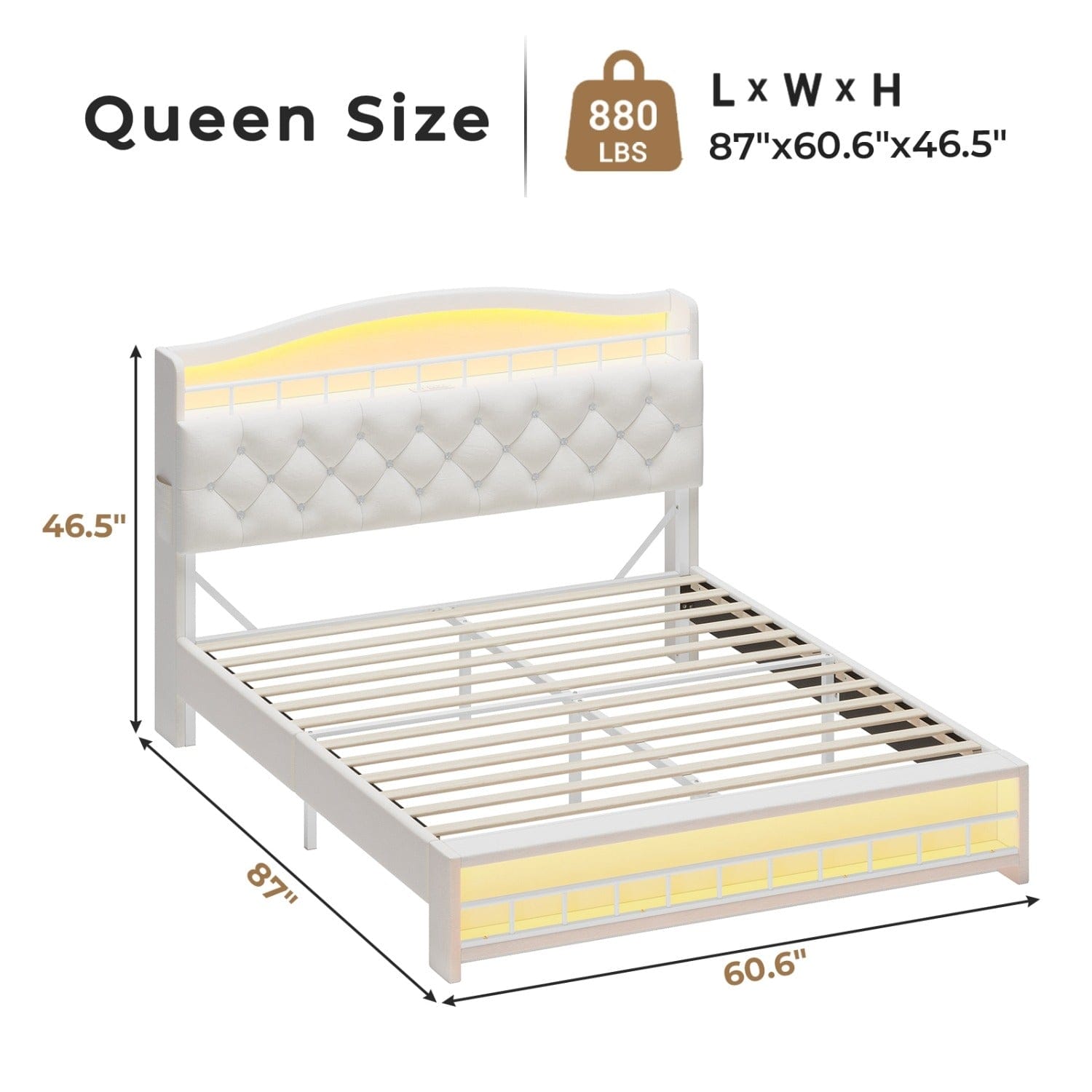 Sikaic Bed Frame Queen Princess Velvet Upholstered LED Bed Frame White White / Queen / Engineered Wood
