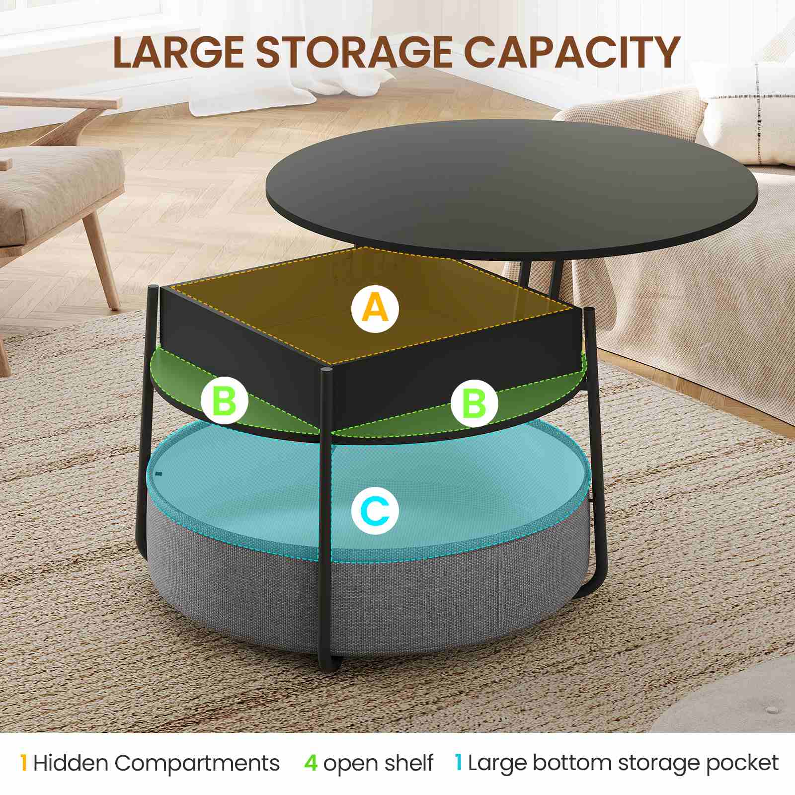 Sikaic Coffee Table Lift Top Round Coffee Table with Fabric Basket Black Black / Engineered Wood / Modern