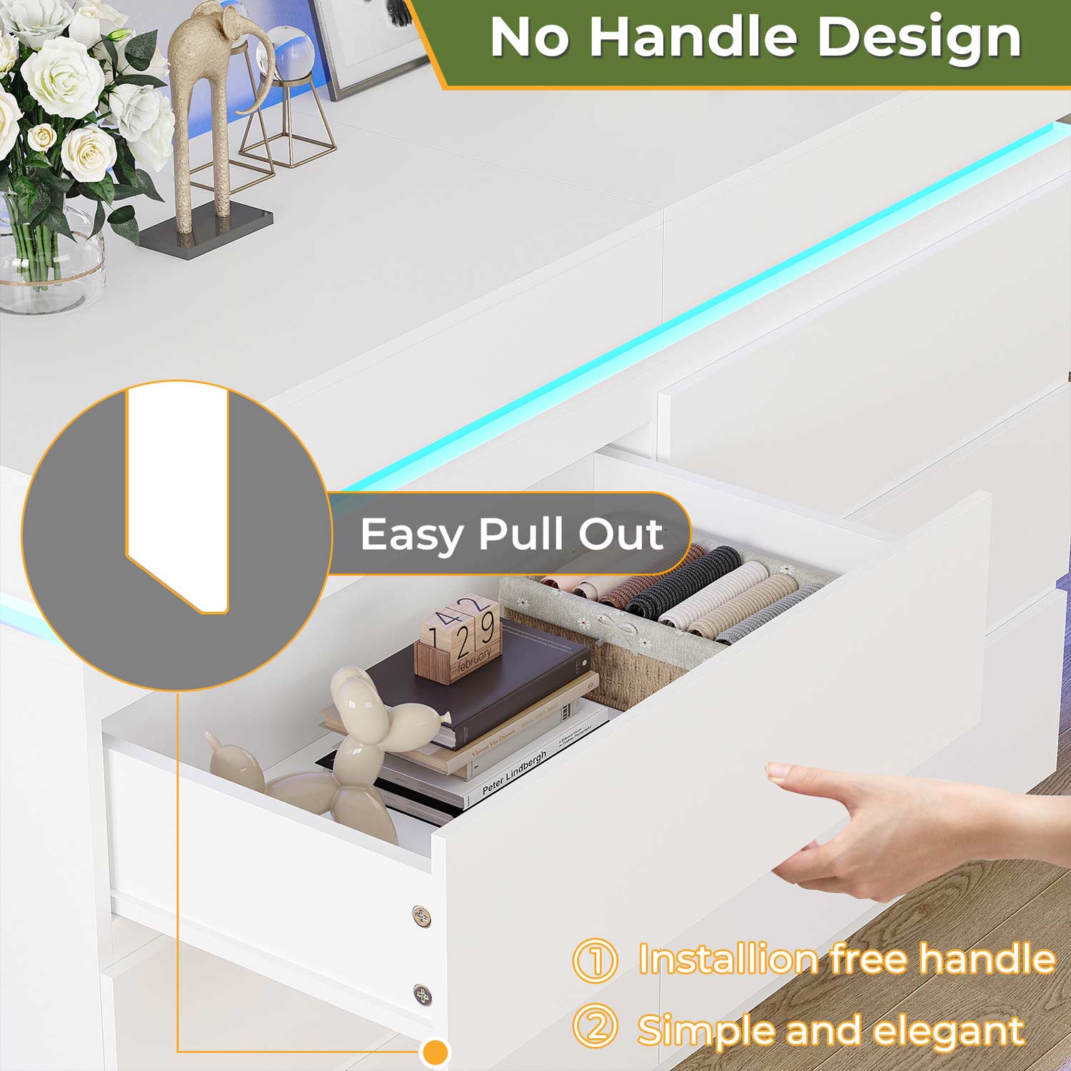 Sikaic Dresser LED Lights White Dresser for Bedroom with Charging Station and Sliding Desktop Drawers Large Storage Tower Clothes Organizer