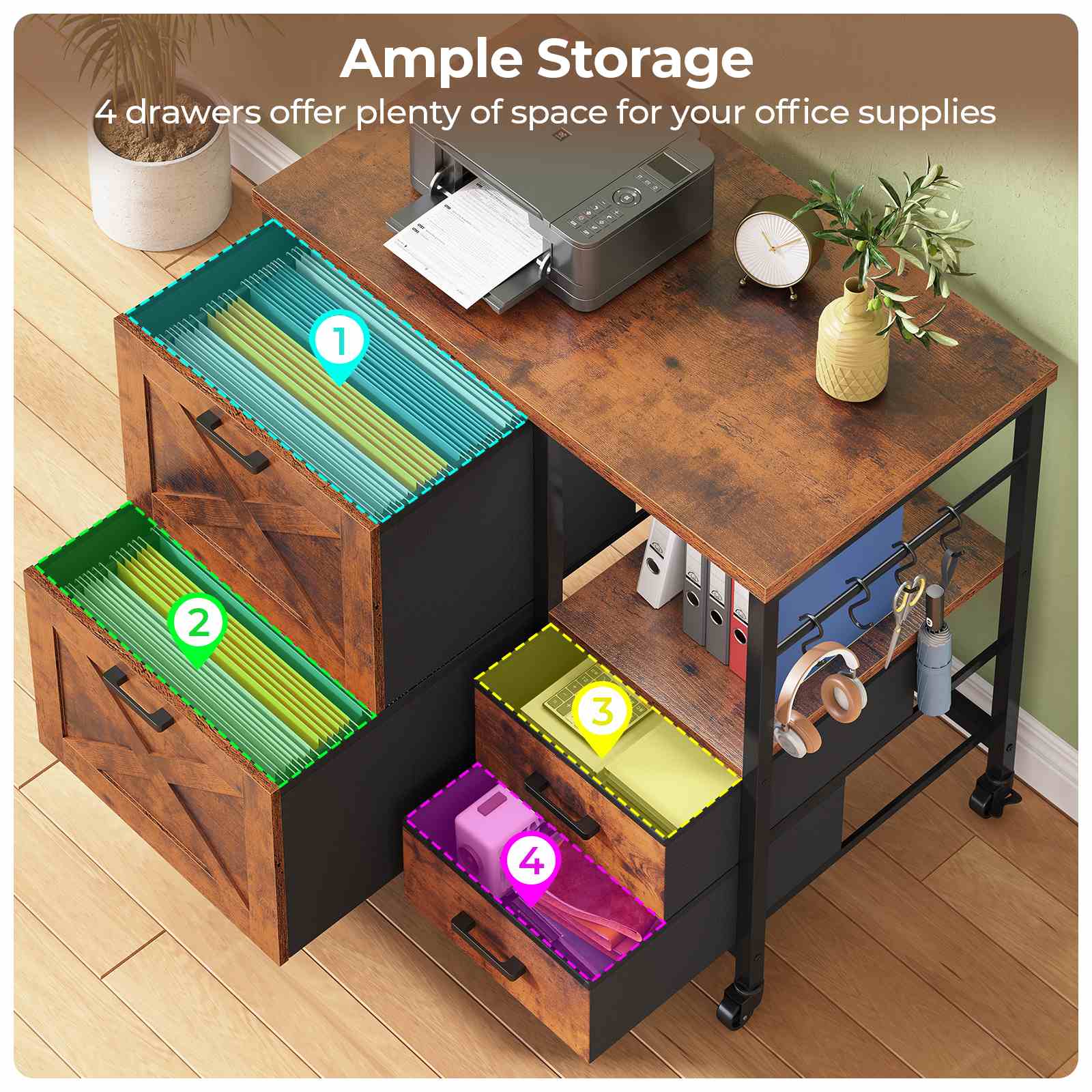 Sikaic File Cabinet File Cabinet with Wheels Brown Brown / Engineered Wood / Modern