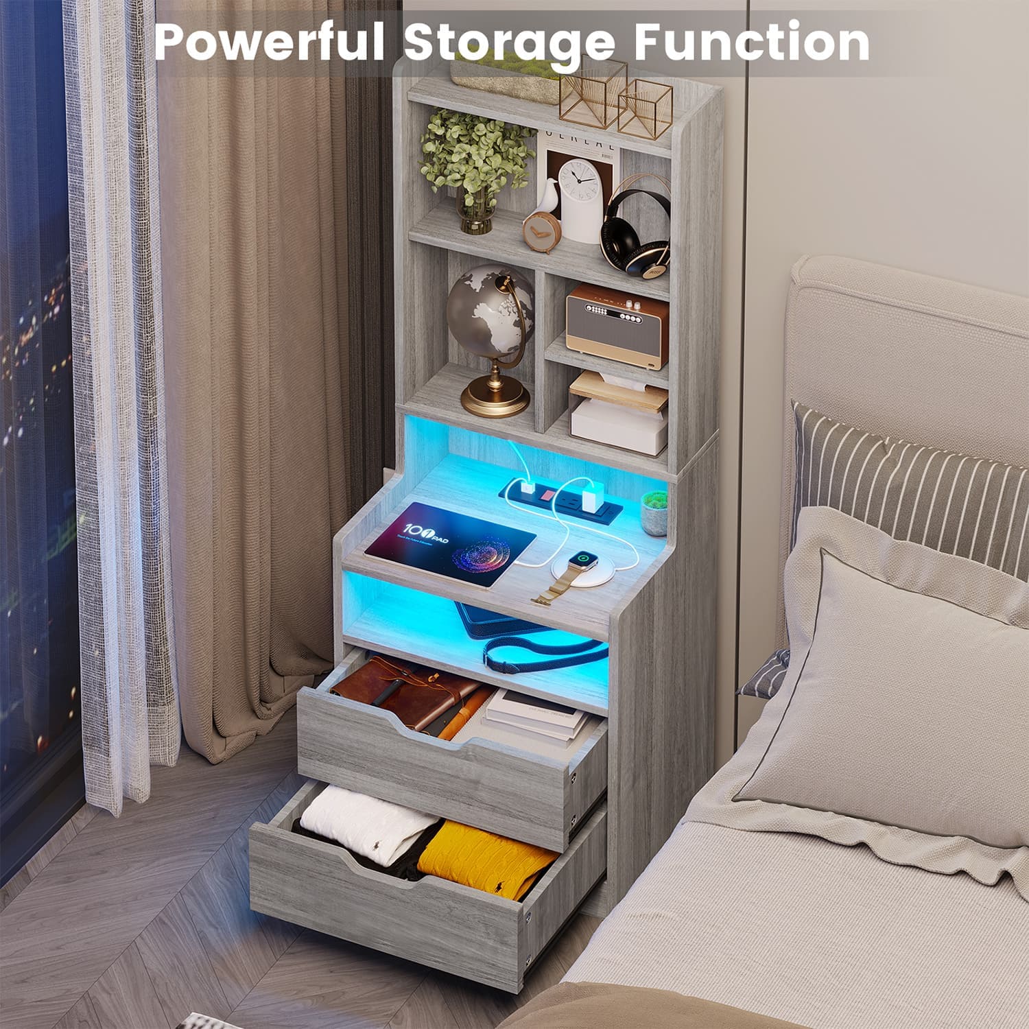 Sikaic Nightstand LED Nightstand with Bookshelf Charging Station Grey