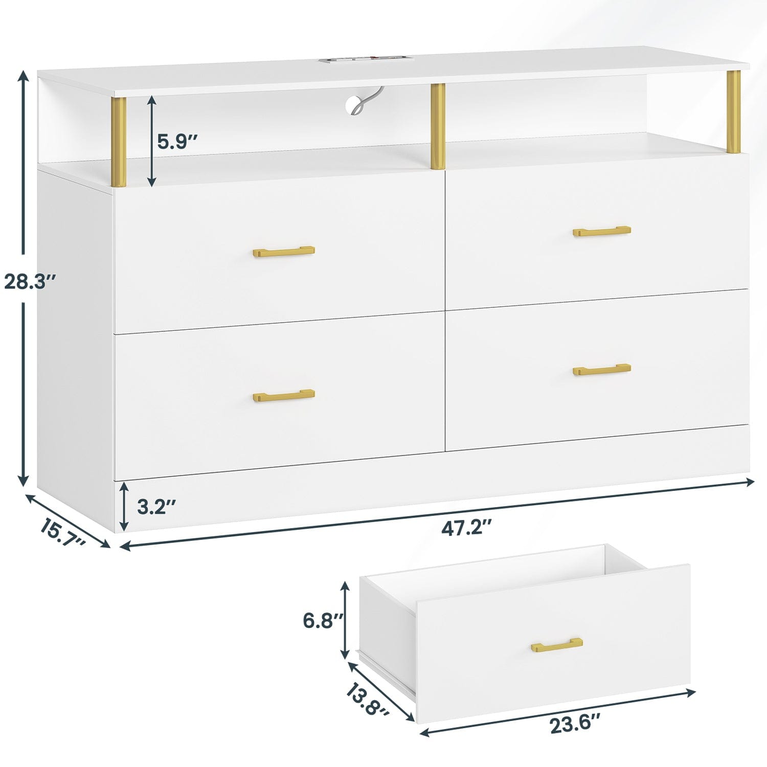 Sikaic Dressers 4 Drawers Dresser with Charging Station Column Design White