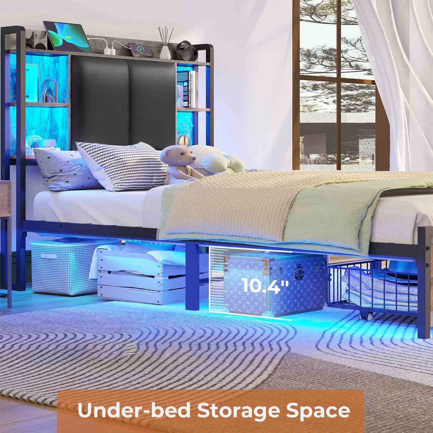 Sikaic Bed Frame Twin Bed Frame with Upholstered Storage Headboard and LED Lights Charging Station & Drawers Grey and Black