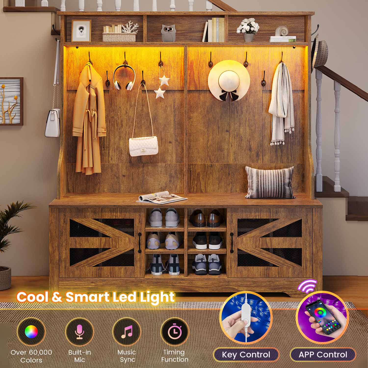 Sikaic Hall Tree 59.1 Inches 5-in-1 Hall Tree with Bench and 16 Shoe Cubbies Coat Hooks Barn Door & Adjustable Shelf Rustic Brown