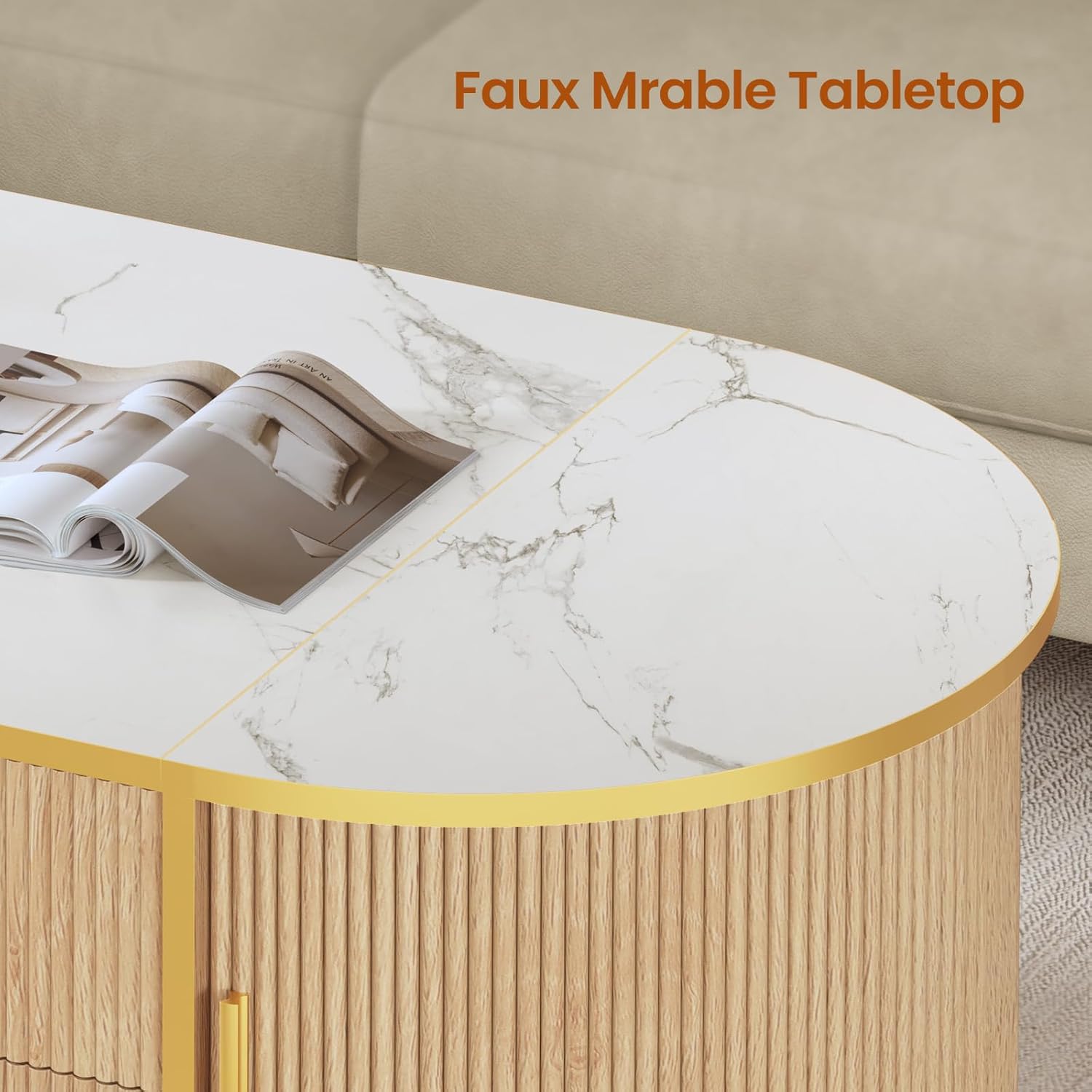 Sikaic Coffee Table Fluted Lift Top Coffee Table with Storage Natural Oak Natural / Engineered Wood / Modern