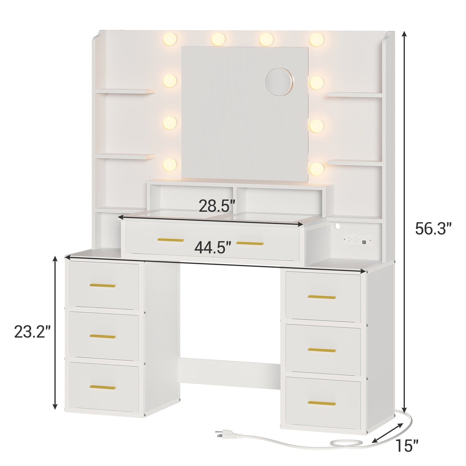 Sikaic Makeup Vanity Glass Top Makeup Vanity with Lights Power Strip & 10x Magnifying Mirror And Compartment Storage Drawers & Shelves White