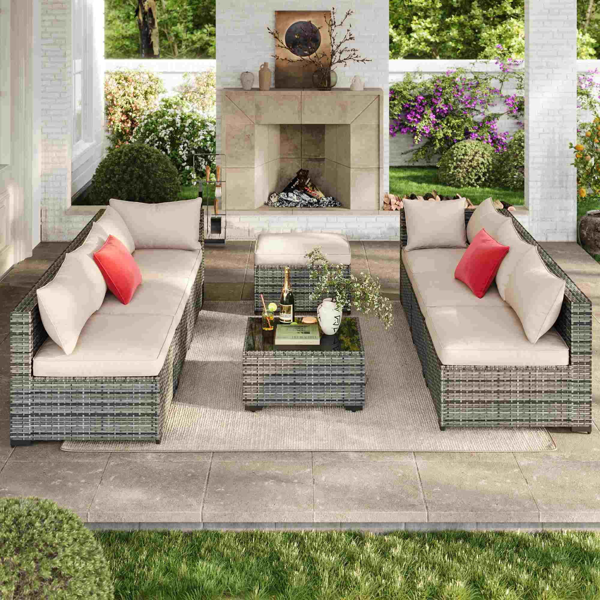Sikaic Sofa 8PCS 7 Person Rattan Outdoor Sectional Sofa Seating Group Storage Table Set Red Beige Red Beige / Metal / Modern