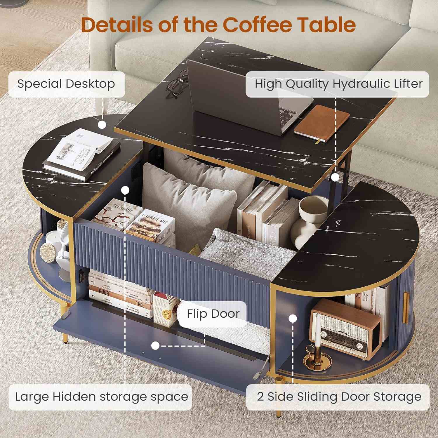 Sikaic Coffee Table Fluted Lift Top Coffee Table with Storage Blue Blue / Engineered Wood / Modern