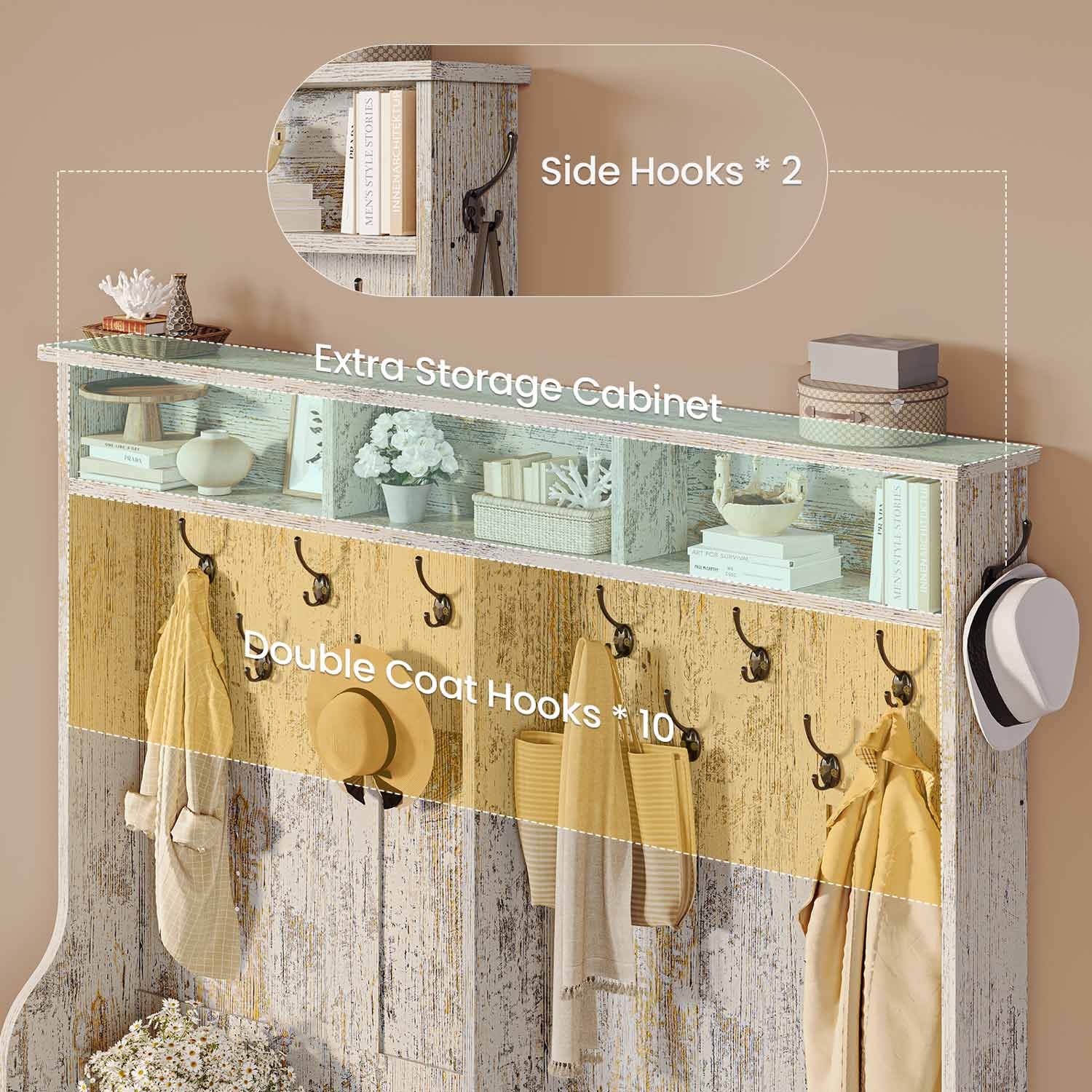 Sikaic Hall Tree 59.1 Inches 5-in-1 Hall Tree with Bench and 16 Shoe Cubbies Coat Hooks Barn Door & Adjustable Shelf Vintage White
