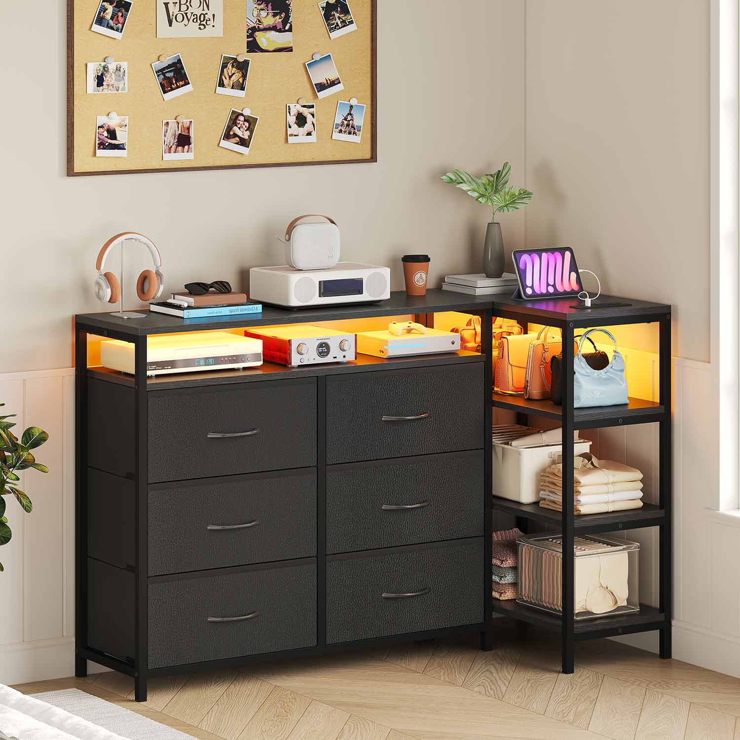 Sikaic TV Stands Corner L Shaped LED TV Stand Convertible Dresser with Charging Station and Open Shelf & PU Finish Drawers for Living Room Black