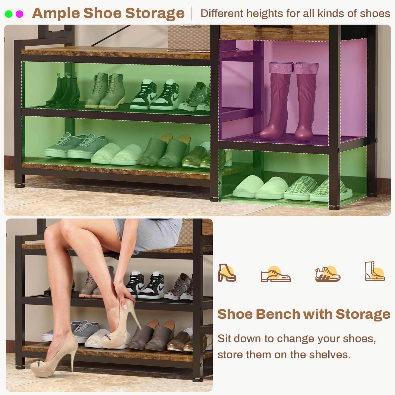 Sikaic Hall Tree Hall Tree with Bench and Shoe Storage Rustic Brown