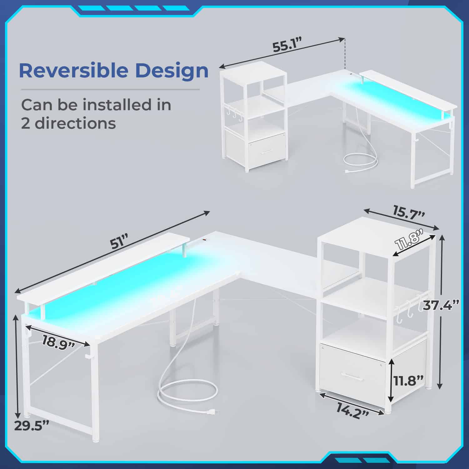 Sikaic Gaming Desk 51 Inches Reversible LED Lights L Shaped Gaming Desk with Power Outlets & Fabric File Drawer Monitor Stand and Hooks White