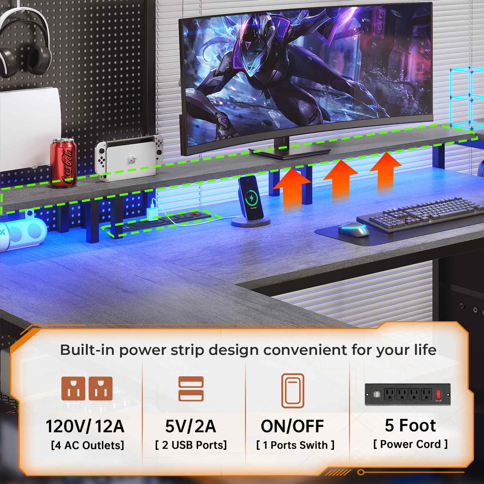 Sikaic Gaming Desk 67 Inches Reversible L Shaped Gaming Desk with Power Outlet LED Lights & Drawers Storage Shelves Grey