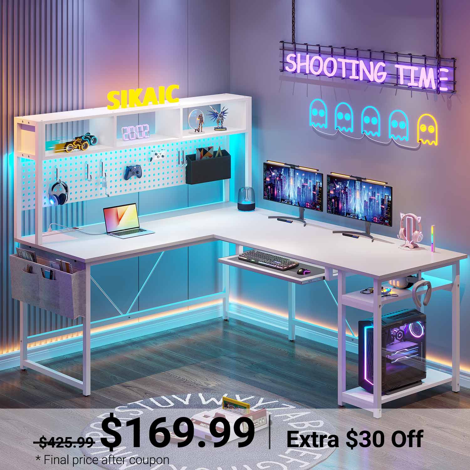 Sikaic Gaming Desk L Shaped Reversible Gaming Desk With Power Outlets Keyboard Tray White White / Modern