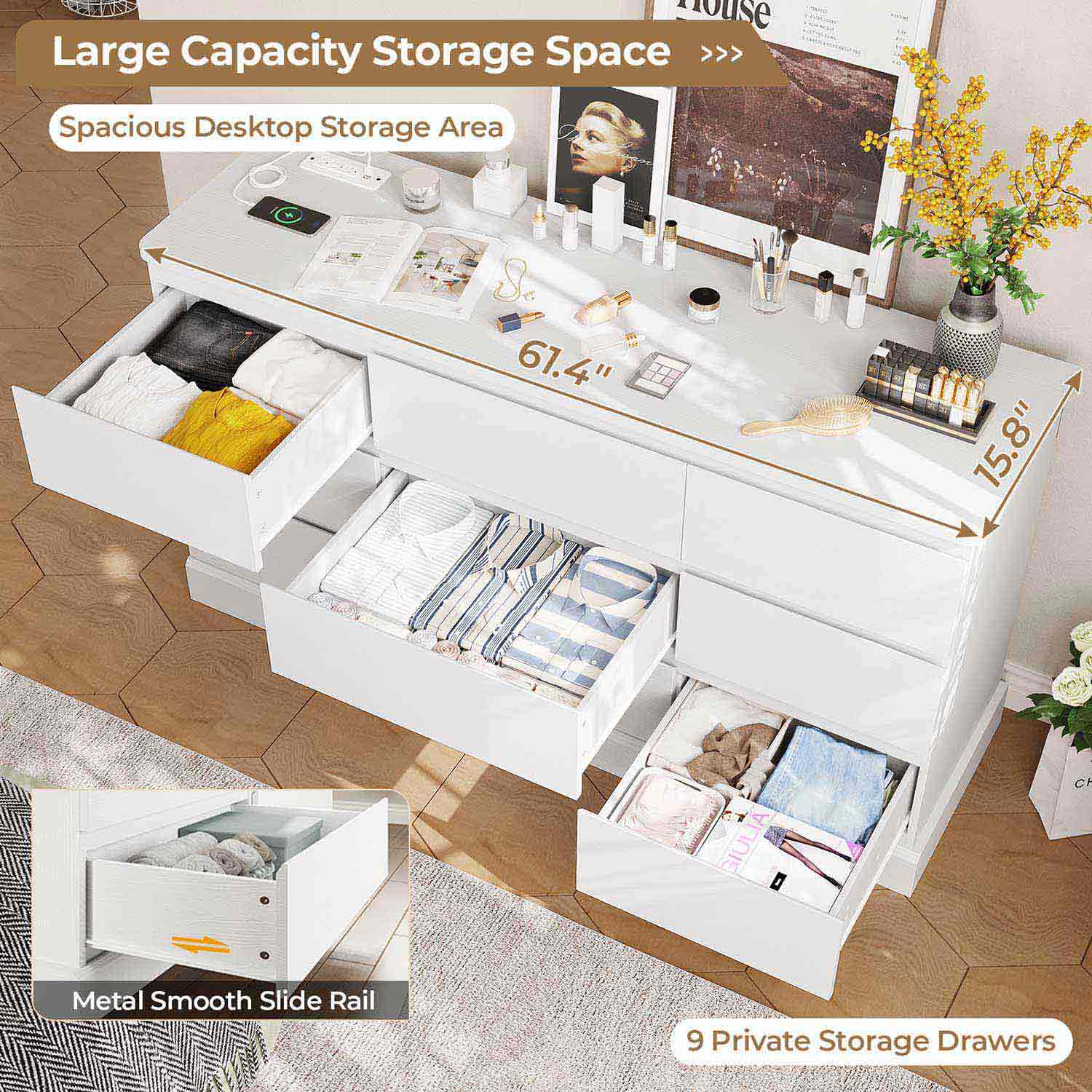 Sikaic Dresser 61.4" Wide Dresser Chest of Drawers with Large Capacity Storage and Power Outlets White White / Engineered Wood / Modern